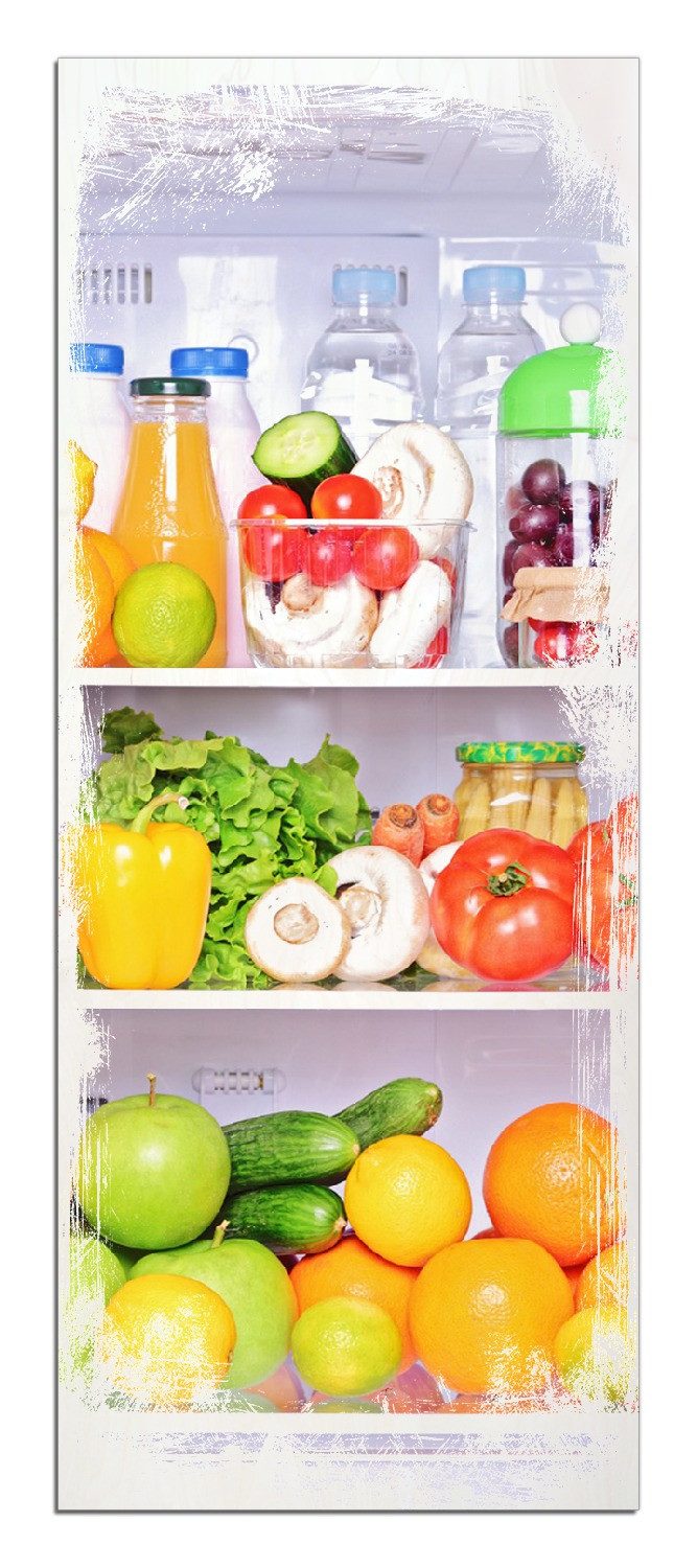 Wallario Holzbild, Offener gefüllter Kühlschrank, in verschiedenen Ausführungen