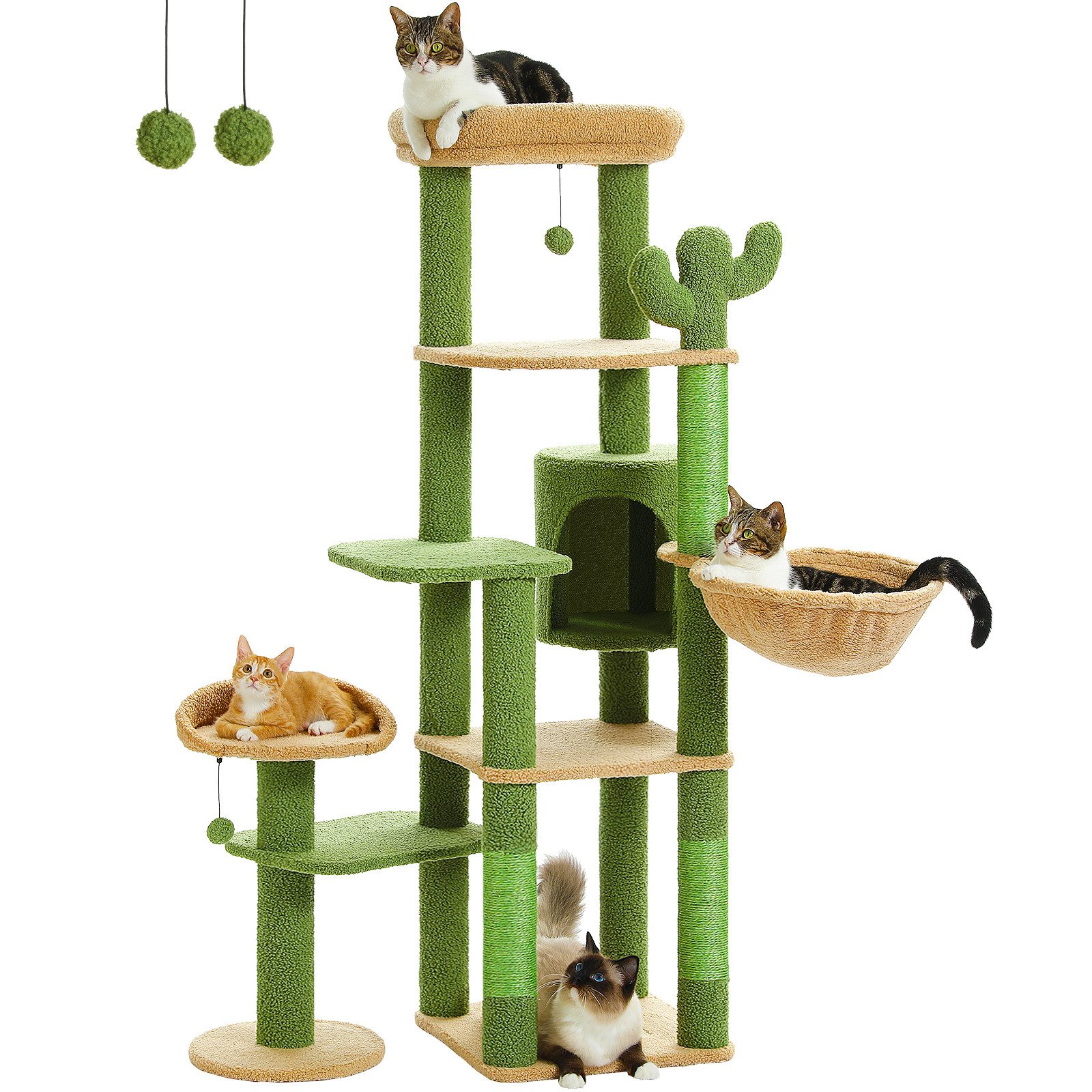 PAWZ Road Kratzbaum Kratzbaum deckenhoch Katzenturm einstellbare Höhe 216cm-285cm, 5 Tiers Plattformen mit gemütlichen Hängematte und Dangling Balls