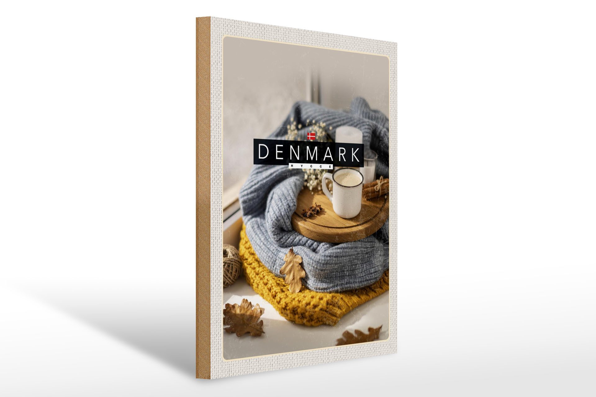 Holzbild Reise 30x40cm Dänemark Wollpullover Tasse Zimtstange