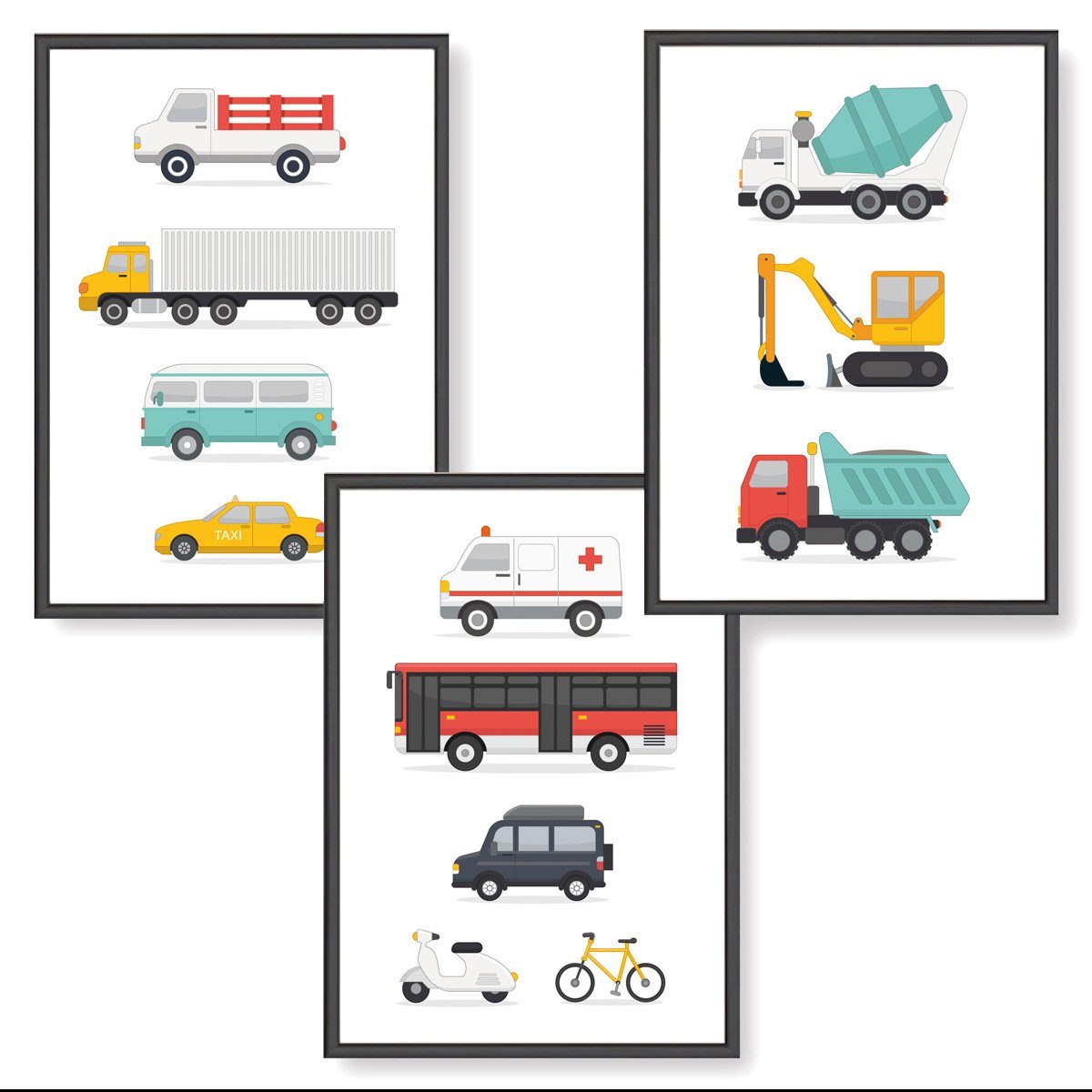 Himmelzucker Poster DIN A4 Wandbilder für Kinderzimmer Babyzimmer Bagger Fahrzeuge Bilder, Baustellenfahrzeuge (3-teiliges Poster-Set, 3 St), Kinderposter für Junge Mädchen (DIN A4 ohne Rahmen)