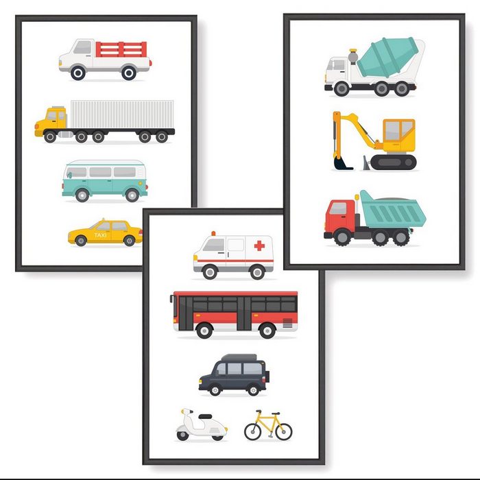 Himmelzucker Poster DIN A4 Wandbilder für Kinderzimmer Babyzimmer Bagger Fahrzeuge Bilder Baustellenfahrzeuge (3-teiliges Poster-Set 3 St) Kinderposter für Junge Mädchen (DIN A4 ohne Rahmen)