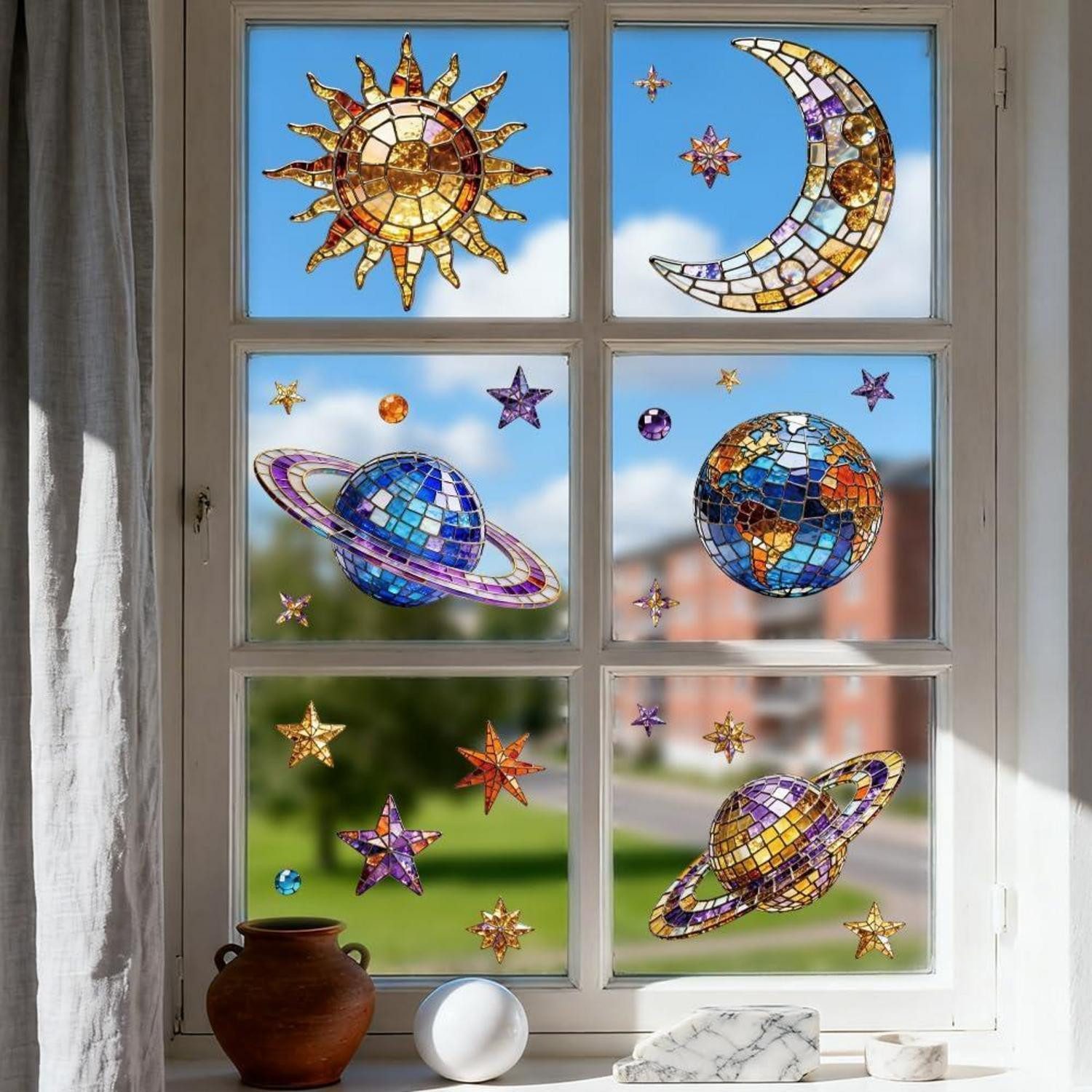 LuxusKollektion Fensterbild Fensterbilder Sonne Mond Planeten doppelseitig 120x30cm