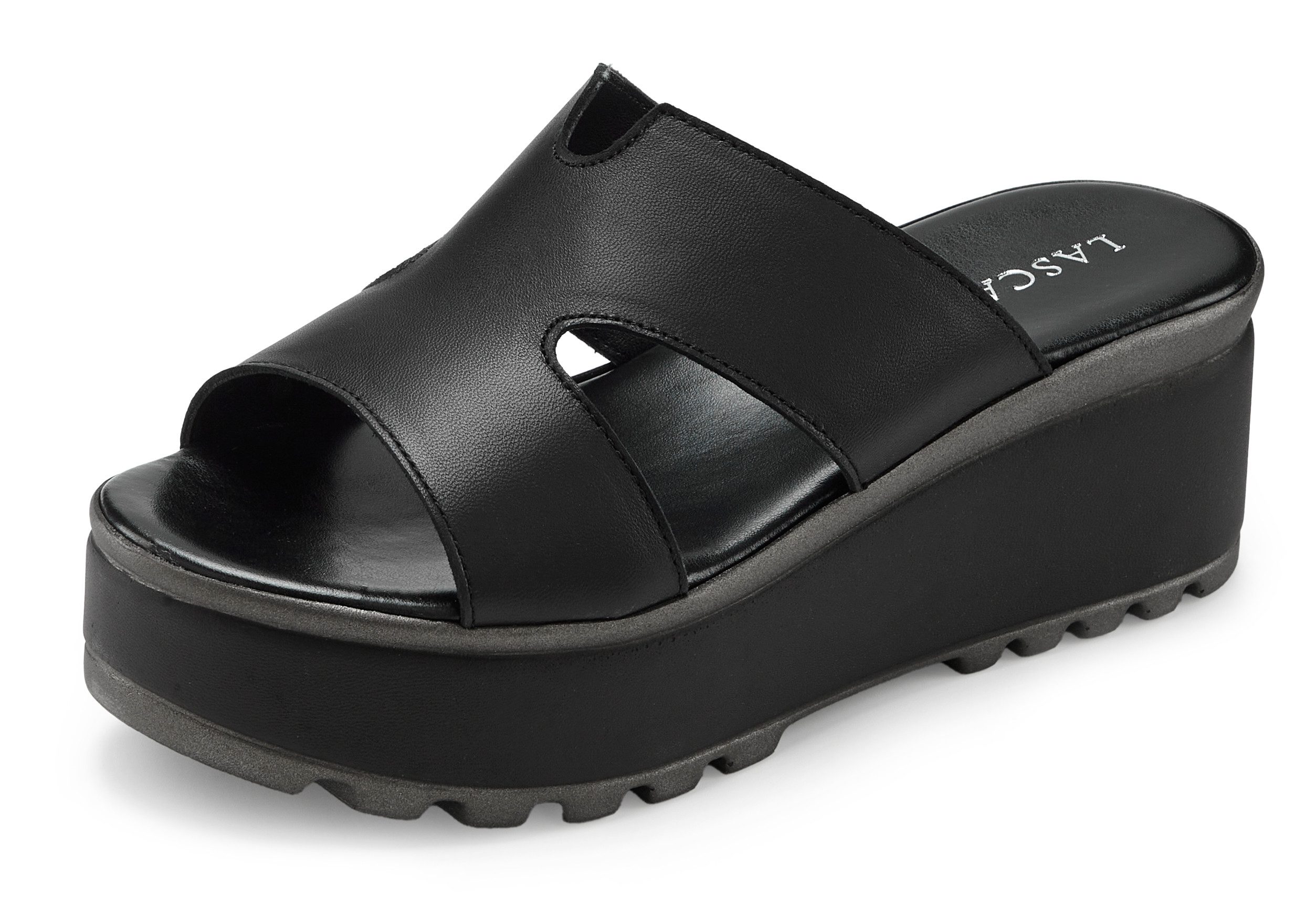 LASCANA Sandale, Sommerschuh, Mule, offener Schuh, Pantolette NEU aus Leder mit Keilabsatz