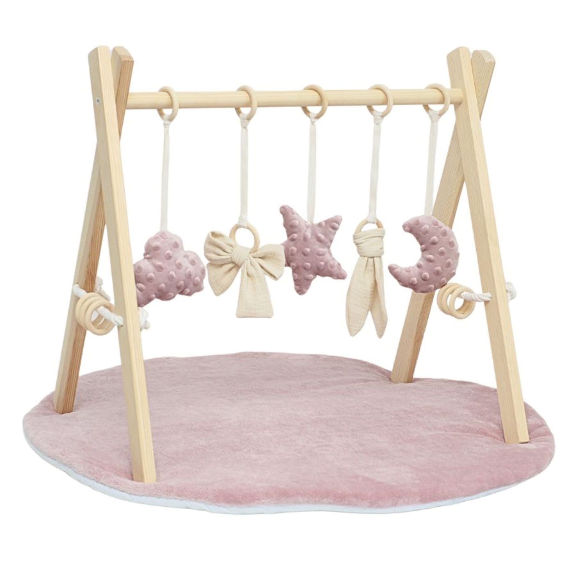 LuMali Baby Gym Holz Spielbogen klappbar 5 Spielzeuge Matte 41x58x49cm Naturholz, (5 sensorische Anhänger 2 Baumwollschnüre Montageset), Spieltrapez Neugeborene sensorisch Spielmatte 78cm wendbar ab Geburt