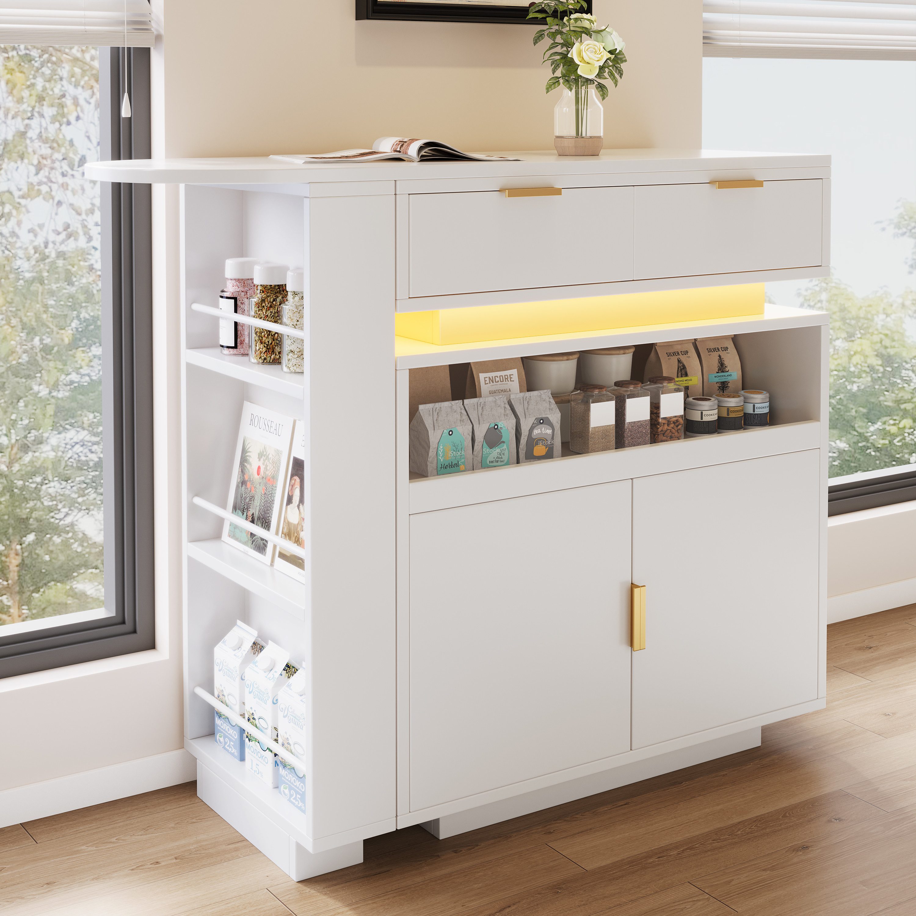Merax Bartisch 360° drehbar Stehtisch mit LED-Beleuchtung (mobile Kaffeebar, geeignet für Küche/Esszimmer/Wohnzimmer, 1-St., 115–183 × 40 × 99,5 cm), ausziehbar Kücheninsel mit 2 Schubladen, 2 Türen, Regalen und Stauraum