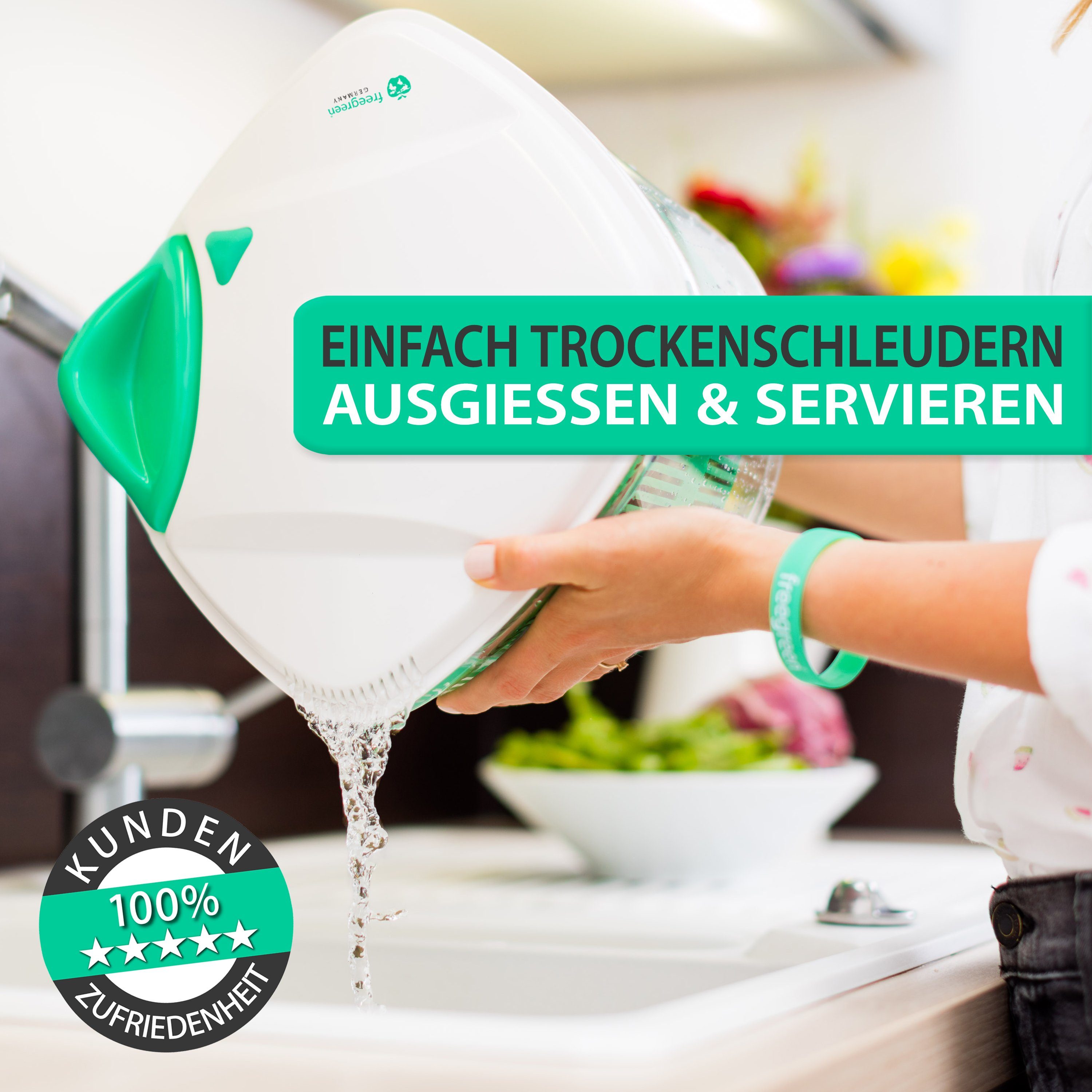 5 mit Siebeinsatz Eating Salatschleuder Clean Kochbuch, Wasser-Ausgießer), (mit Zugmechanismus, Jahre Das Deckel, patentierten Kaufdatum ab Herstellergarantie [5L] freegreen® & integriertem