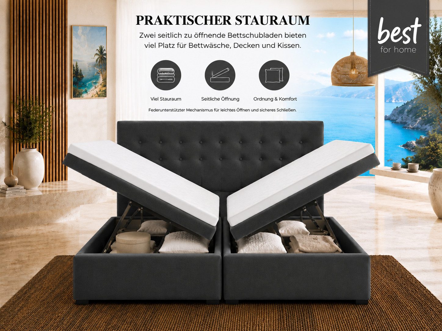 Best for Home Boxspringbett Polsterbett mit 7-Zonen-Taschenfederkernmatratze und Schubladen (Komplettset (Boxspringbett inkl. 2 Matratzen, Topper & Stauraum-Schubladen), 6-St., 140x200 160x200 180x200 200x200 cm)