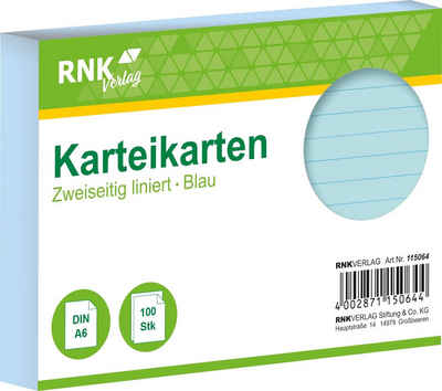 RNK Verlag Briefumschlag Karteikarten - DIN A6, liniert, blau, 100 Karten