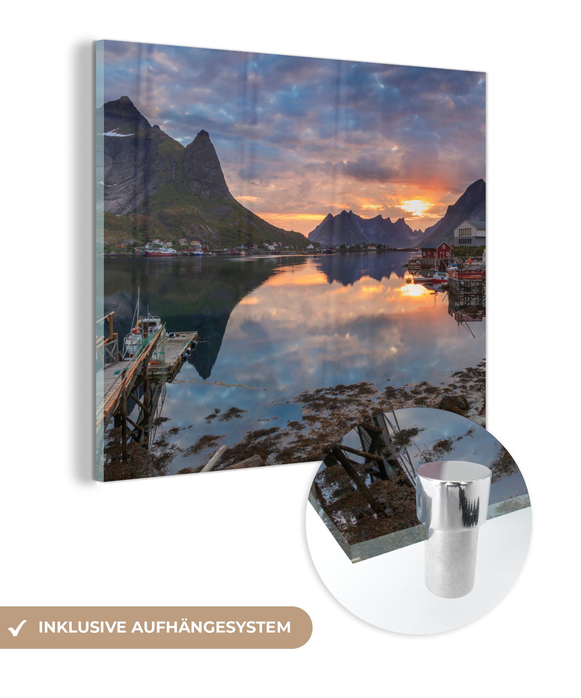 einem See auf St), - Glas Foto Bilder an Lofoten, (1 den Sonnenuntergang - Wanddekoration Glas Glasbilder Acrylglasbild Wandbild auf MuchoWow auf -