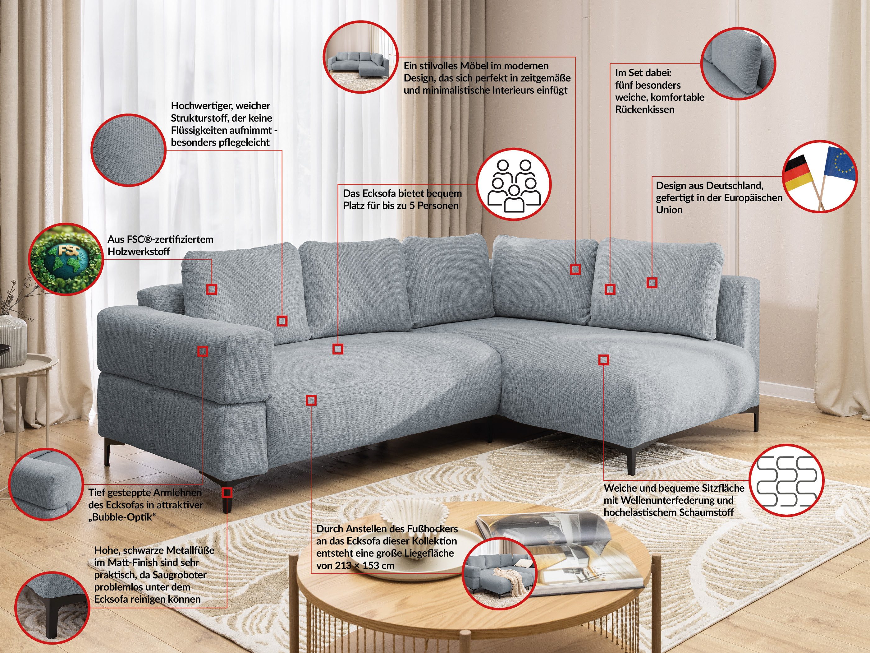 S-Style Möbel Ecksofa und Hocker Cardea mit Schlaffunktion in Bubble-Optik, aus weichem Strukturstoff, mit Wellenfederung