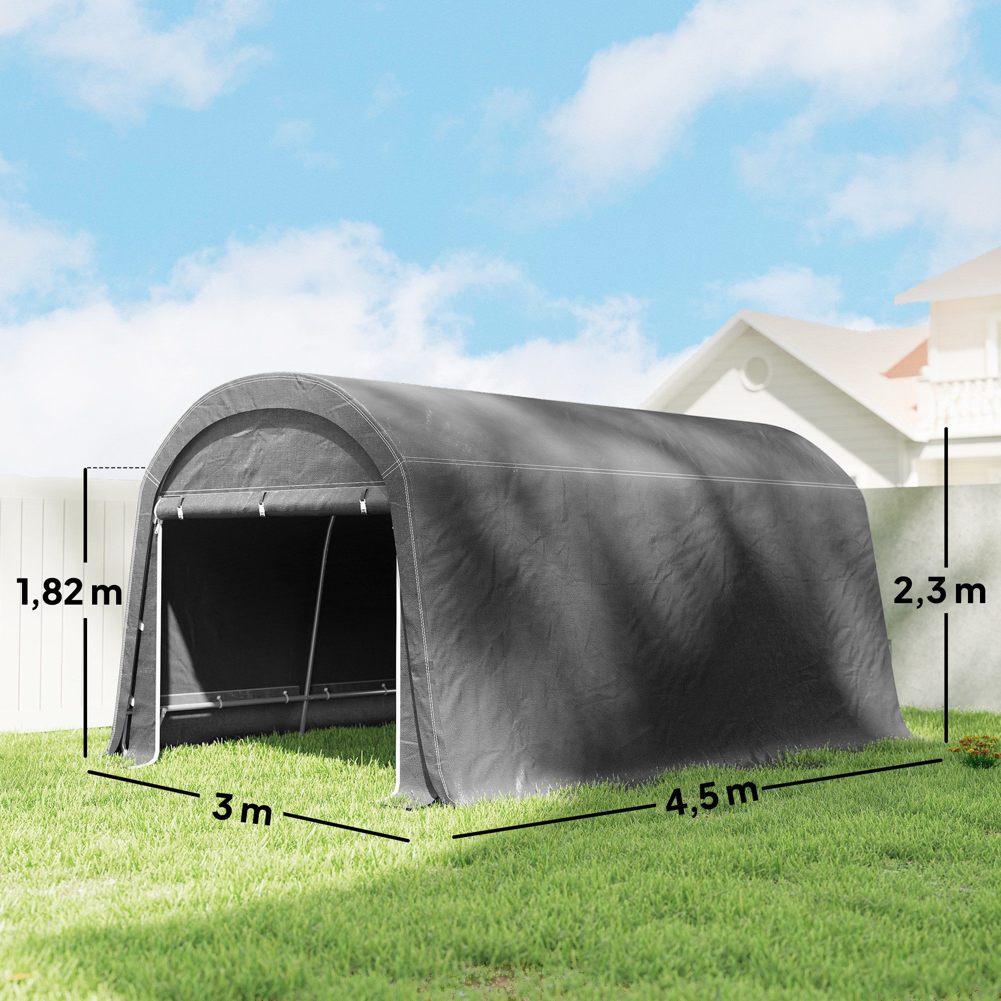 Outsunny Gerätezelt Gerätehaus für Fahrräder, wasserdicht mit Tür, Unterstand, Personen: 13 (Aufbewahrungszelt, 1 tlg., Fahrradschuppen), für Zuhause, Außenbereich, Garten Hinterhof 300x450x230 cm, Dunkelgrau