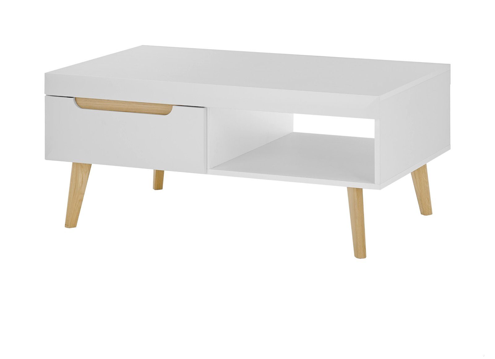 Furn.Design Couchtisch Isgard (Wohnzimmertisch in weiß matt mit Scandi Eiche, 107 x 67 cm), 2 Schubladen