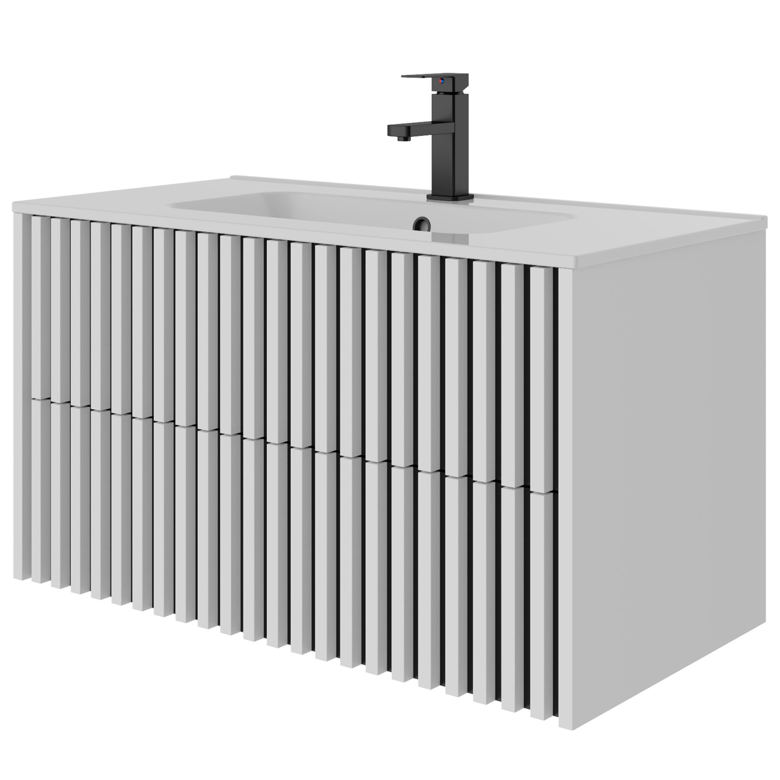 UEV Waschtisch Раковины mit Unterschrank set Badmöbel Gäste-WC (mit Wasserhahn und Pop-up-Ablassventil, Soft-close Schubladen,Waschbeckenunterschrank mit 2 Schubladen), Badezimmmer Schrank für Gäste WC, Komplett-Set Badmöbel