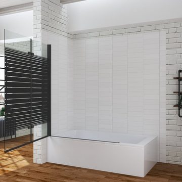 AQUALAVOS Badewannenaufsatz Badewannenfaltwand 120x140 cm 2 Teilig Duschtrennwand für Badewanne, 5 mm Einscheiben-Sicherheitsglas (ESG) mit Nano einfach-Reinigung Beschichtung, schwarz Dekor Barcode, Faltbar und schwenkbar 180°