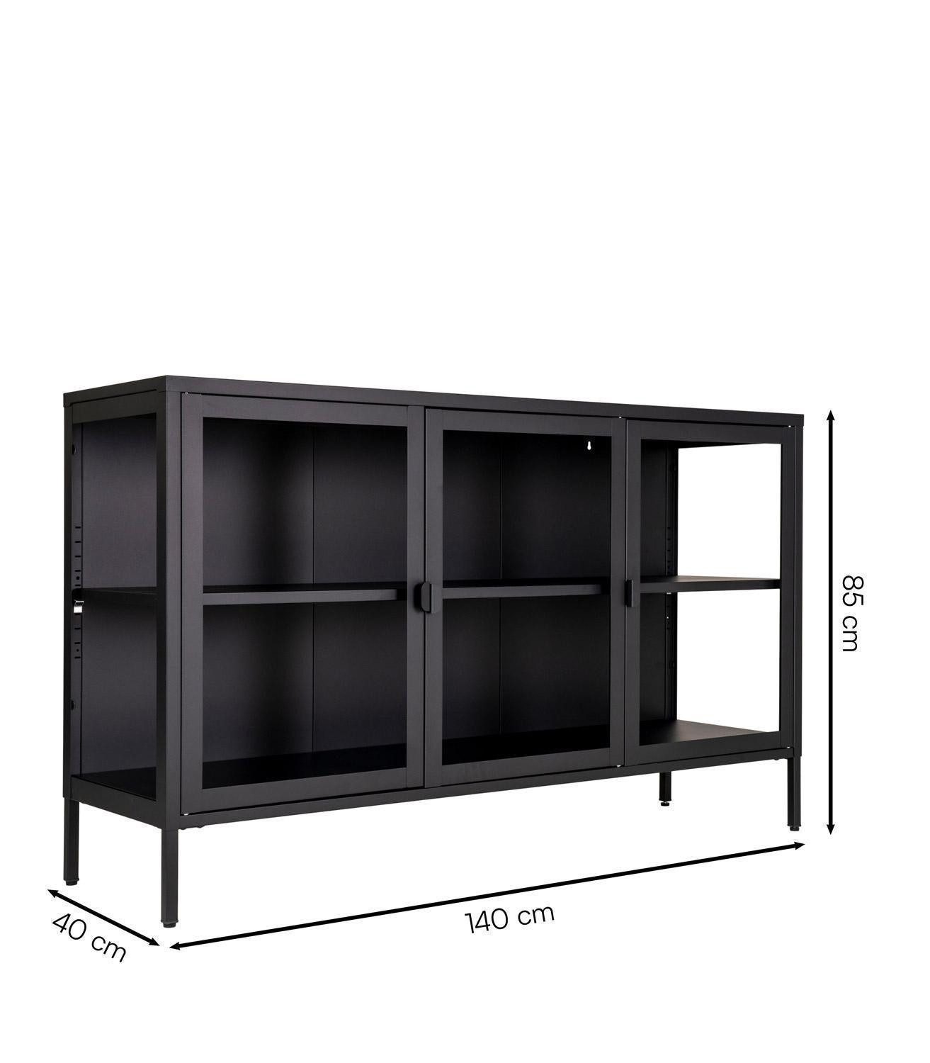 House Nordic Sideboard BRISBANE, Schwarz, Glas, Stahl, 3 Türen, B 140 x H 85 x T 40 cm