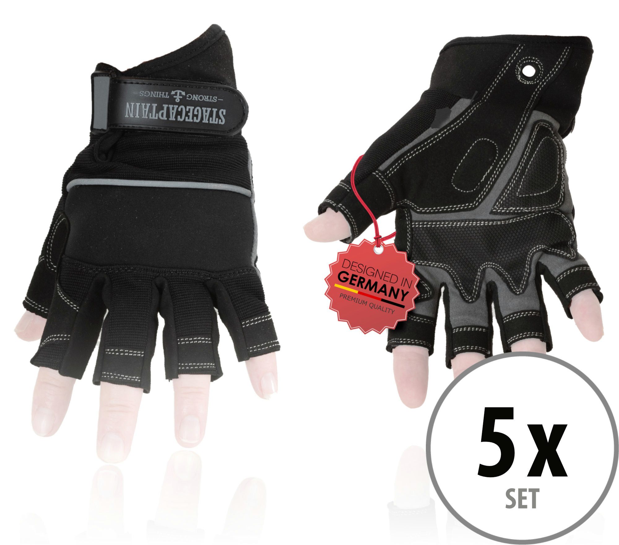 Stagecaptain Arbeitshandschuh-Set Rigger Handschuhe kurze Finger - Größe L (5-St) Innenfläche aus Kunstleder