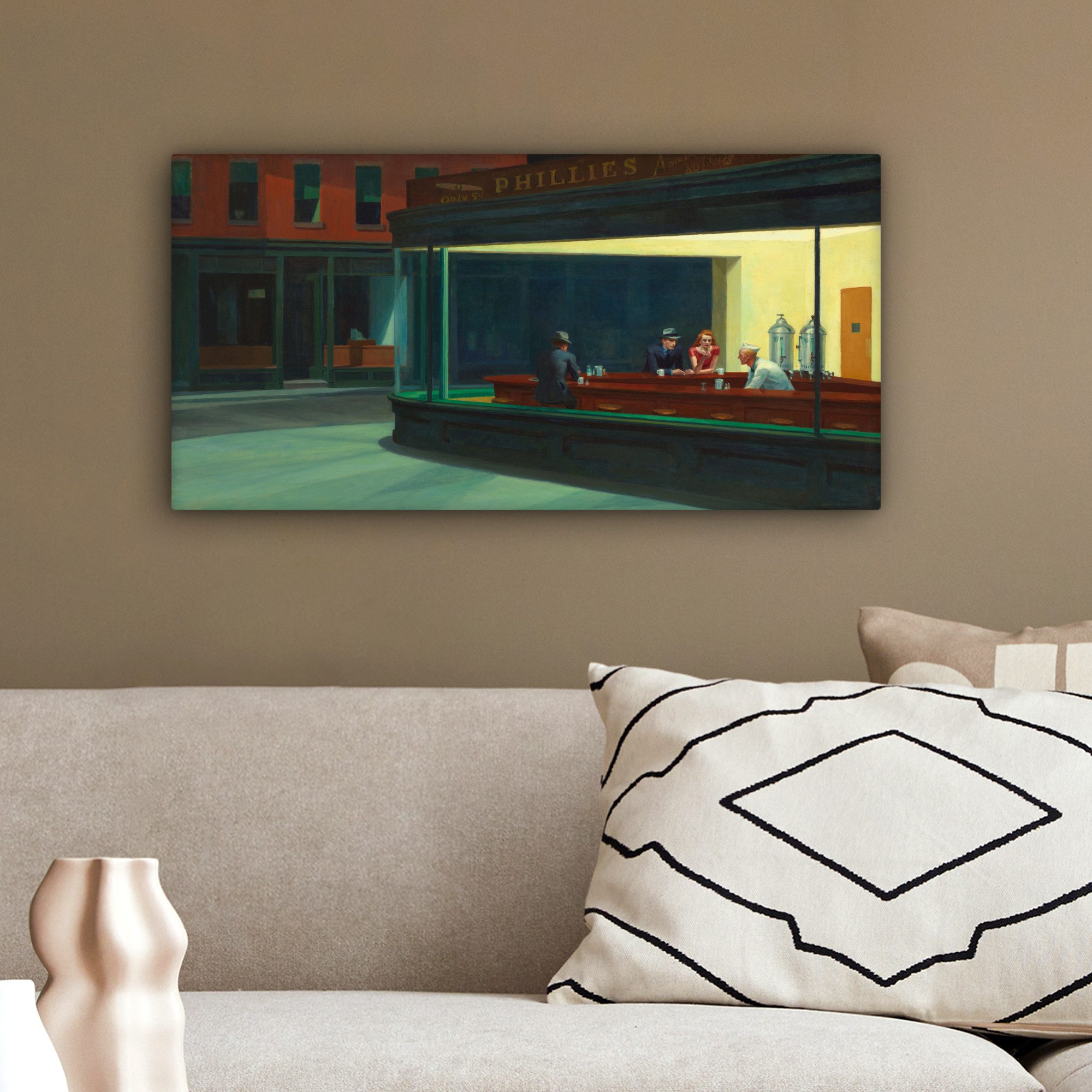 OneMillionCanvasses® Leinwandbild Panorama Nighthawks - Edward Hopper, Fotodruck (1 St), Wandbild, Deko Schlafzimmer Wohnzimmer Flur 40x20 cm – Bild 4 von 5