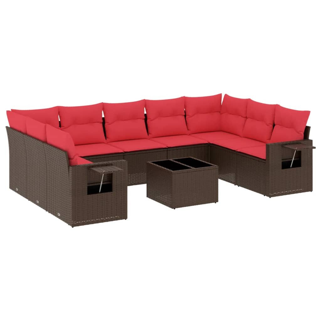 vidaXL Gartenlounge-Set 10-teiliges Gartensofa-Set mit Kissen, braun, Polyrattan, (1-tlg)