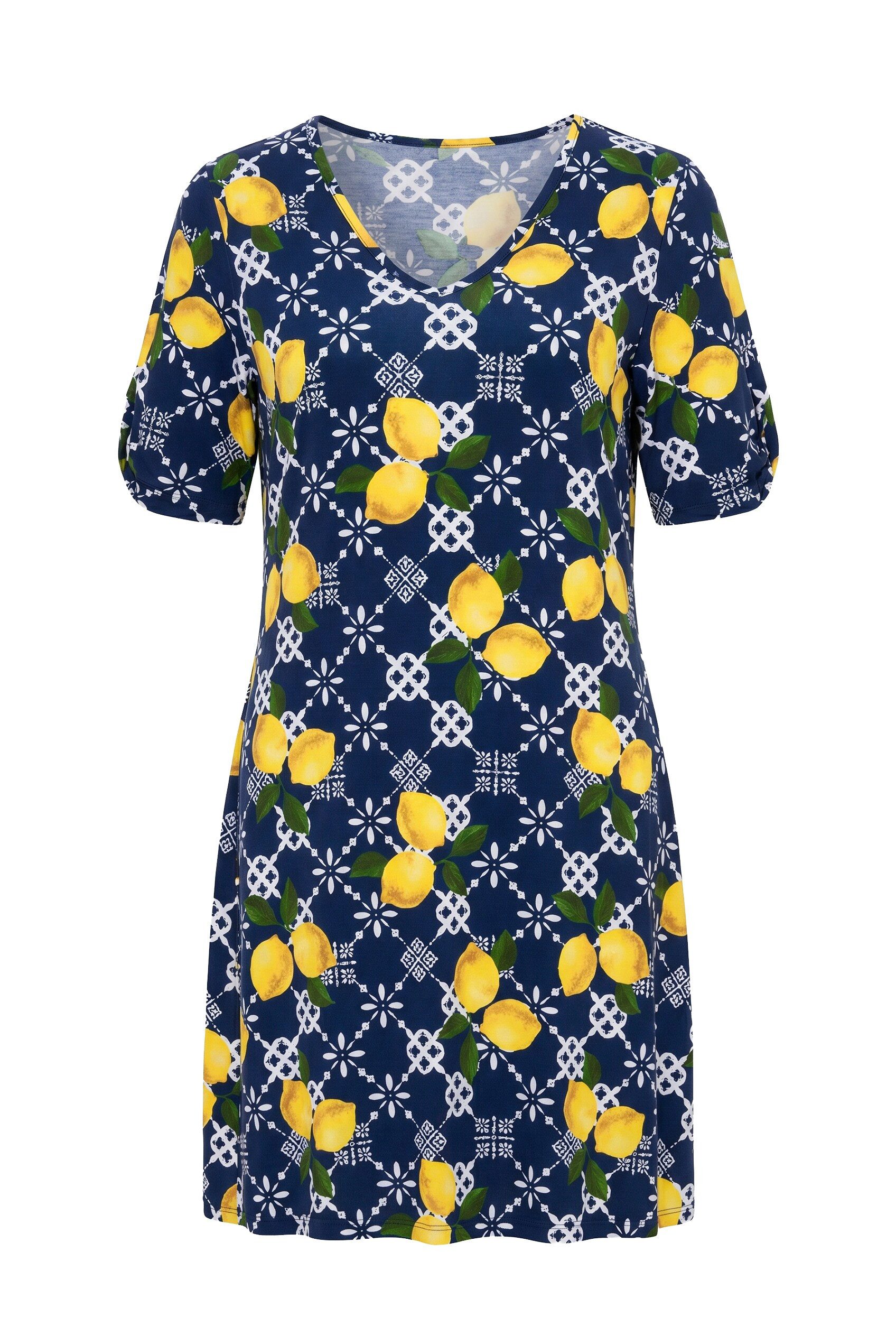 Ulla Popken Midikleid Strandkleid Zitronen A-Linie V-Ausschnitt Halbarm
