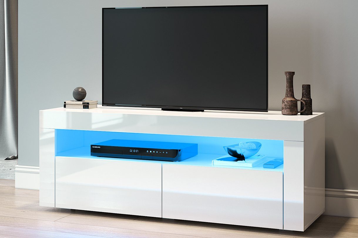 SONNI TV-Schrank TV Lowboard 120x40x45 Weiß Hochglanz mit LED-Beleuchtung  12 Led Farben tv schrank in wohnzimmer, sideboards