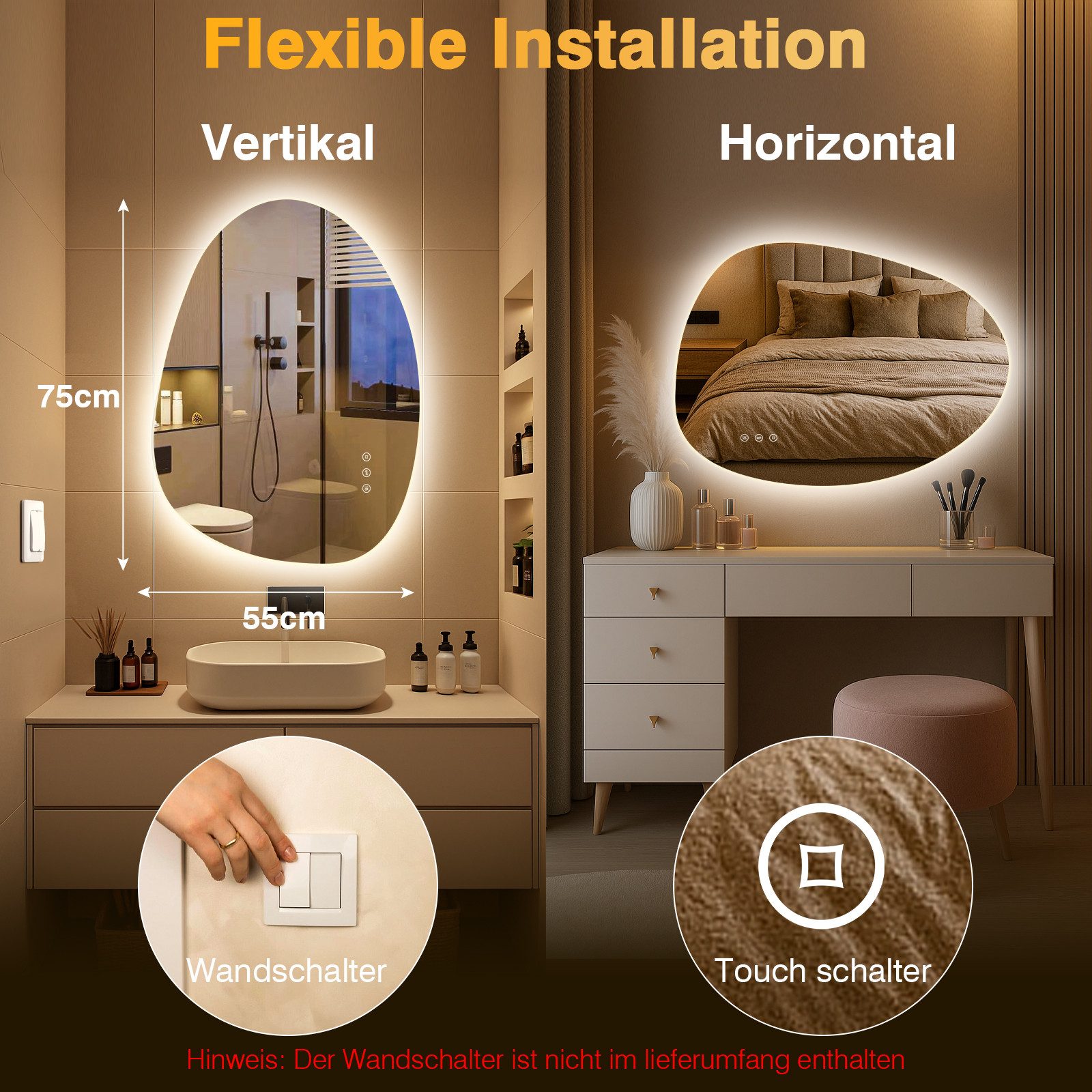 PESENXAN Badspiegel LED Badezimmerspiegel, Asymmetrischer LED-Spiegel, mit günstig online kaufen