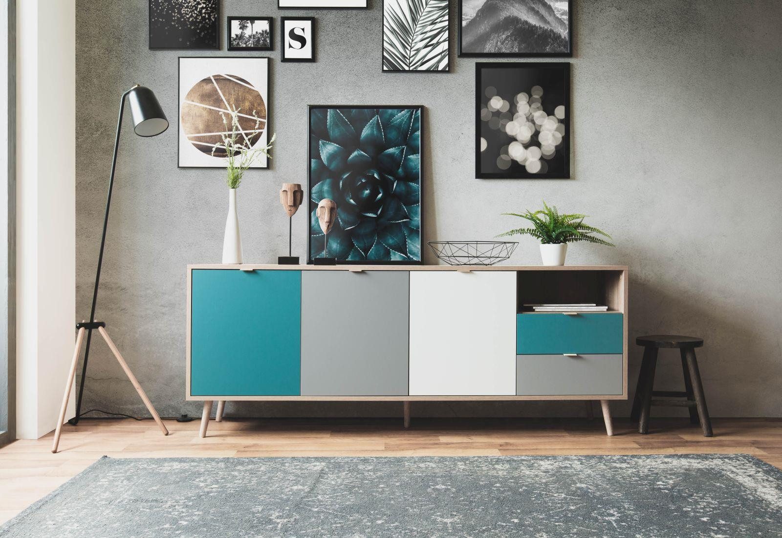 möbelvita Sideboard Sideboard Lima 56 - Sonoma Eiche/Weiß/Grau/Petrol