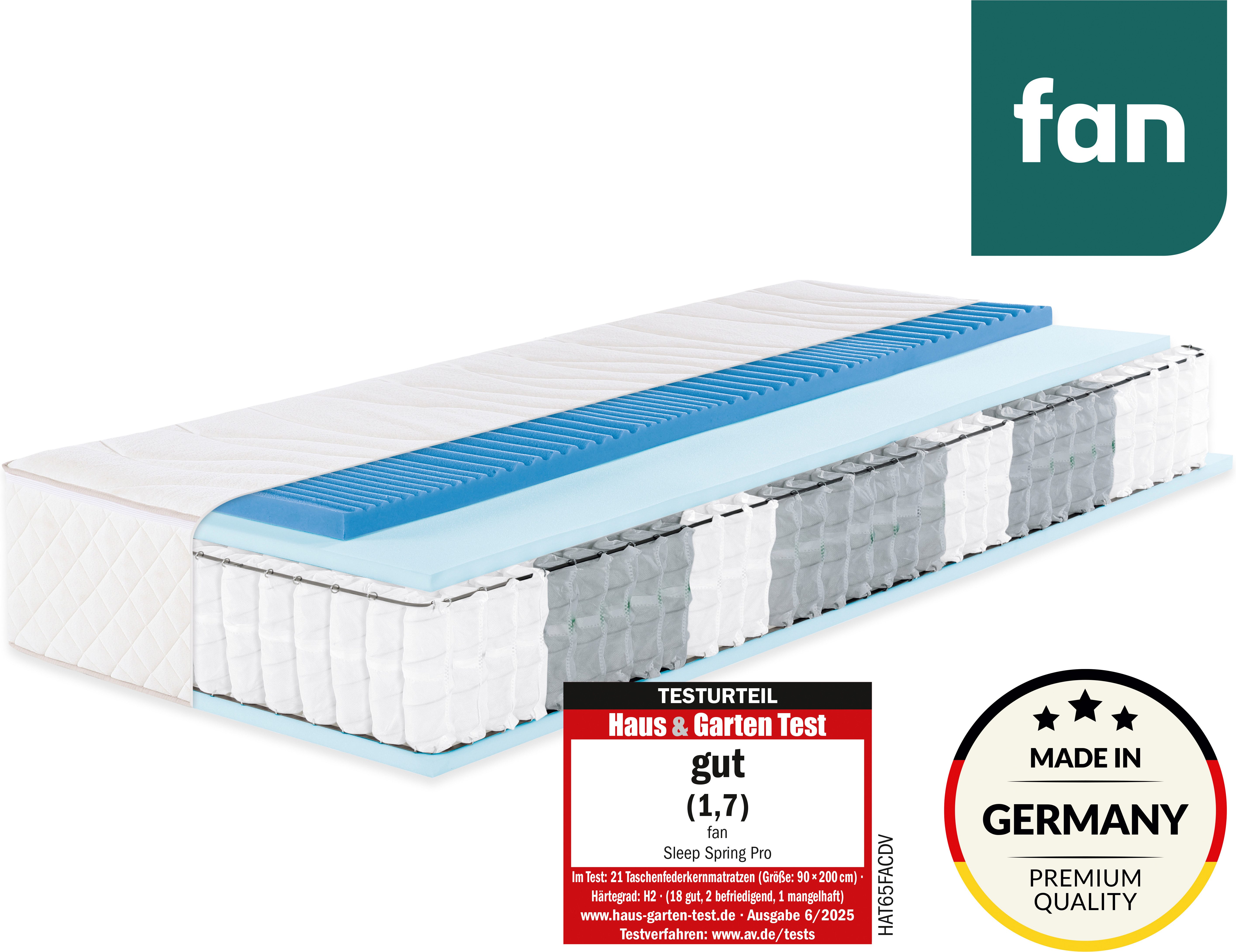Taschenfederkernmatratze Sleep Spring Pro, Boxspringmatratze m. Thermogelauflage, 90x200 & mehr, fan, 33 cm hoch, (1-tlg), Haus & Garten Test "GUT", getestet in Gr. 90x200, H2