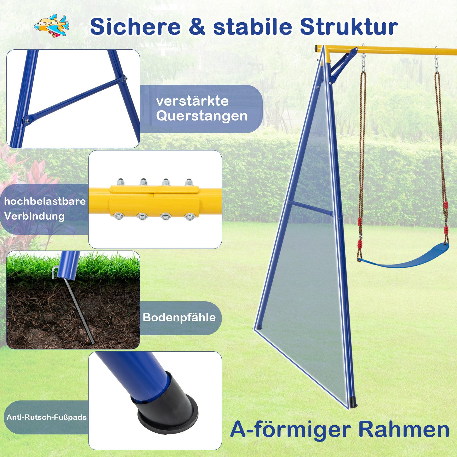 COSTWAY Schaukelkombination, Kinderschaukel mit Wippe & Turnringe, Metall Schaukelgestell