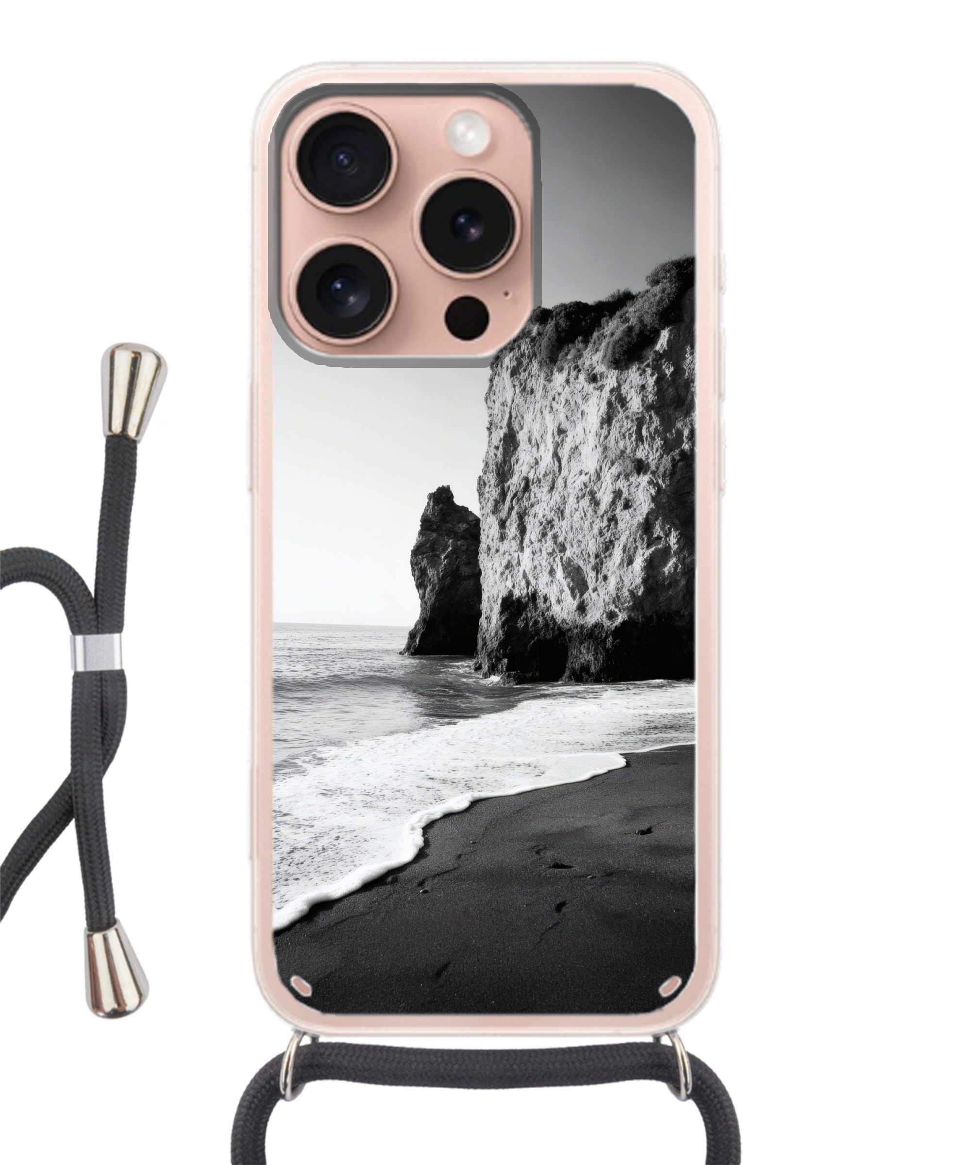 MuchoWow Handyhülle für Apple iPhone 16 Pro Strand - Klippe - Wellen - Fußstapfen, Tragbare Handyhüllen mit Kette zum umhängen, Handykette Handyband