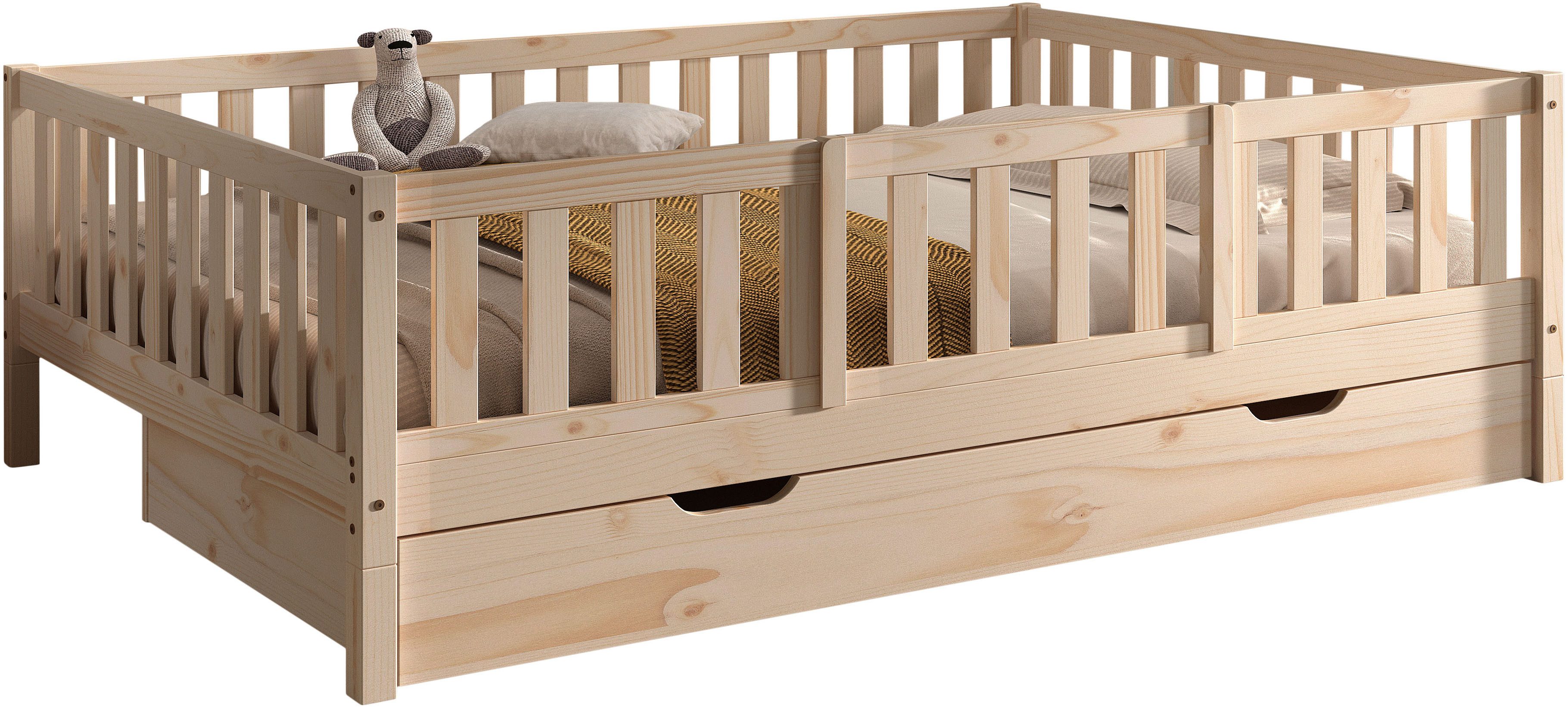 Vipack Daybett Dallas Massiv Bett mit Rausfallschutz umbaubar vom Boden- zum Daybett, mit Bettschublade, wahlweise Kiefer massiv natur oder weiß