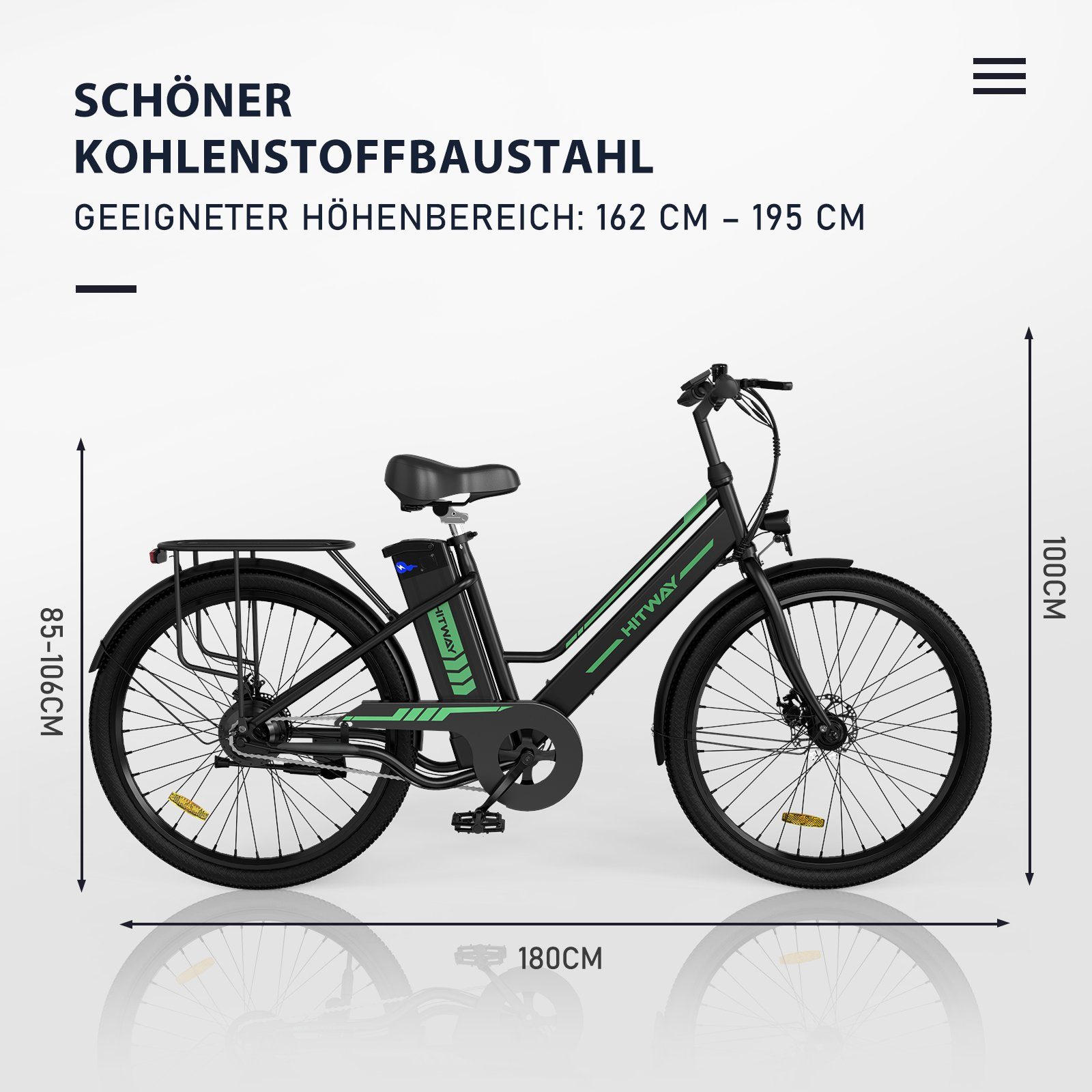 Pumpe/Fahrradschloss Batterieladegerät/ E-Bike Zoll Damen HITWAY Herren 8.4AH Heckmotor, schwarz-StvZO 26 für 36V E-Fahrrad 25km/h,35-70KM,