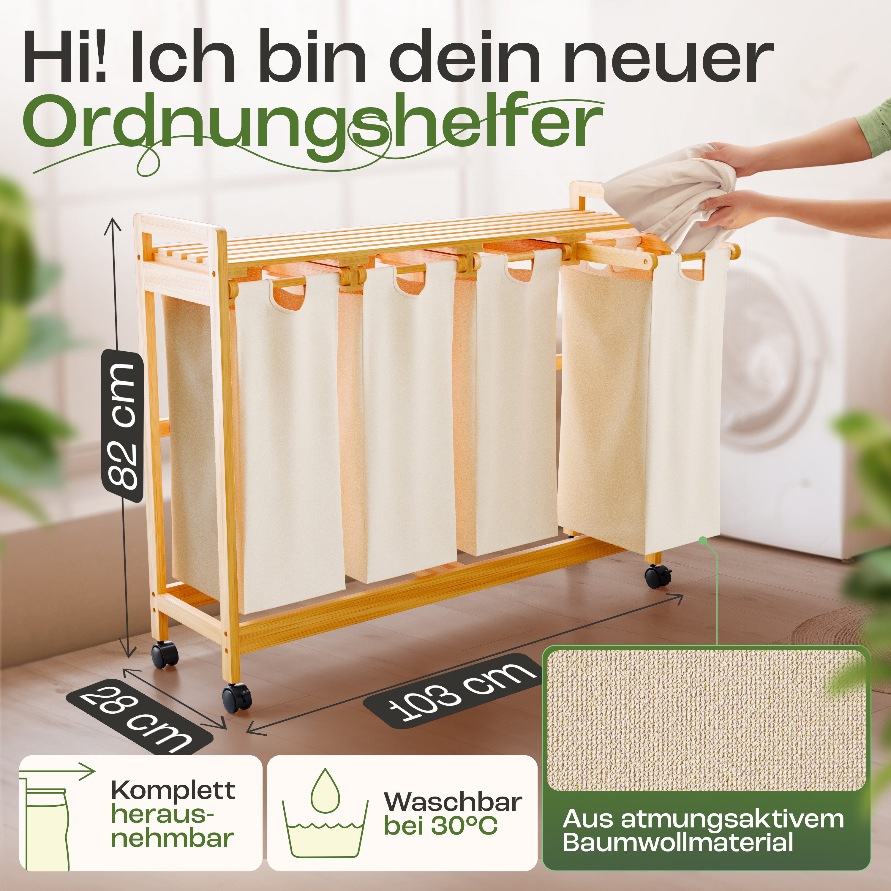 AMBIAVO Wäschekorb 4 Fächer Bambus mit günstig online kaufen