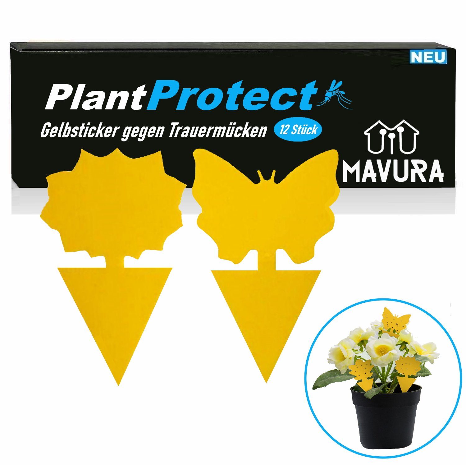 MAVURA Klebefalle PlantProtect Gelbsticker gegen Trauermücken Gelbtafeln Insektenfalle, Fruchtliegenfalle Klebefalle Fliegenfalle für die Zimmerpflanzen 12er