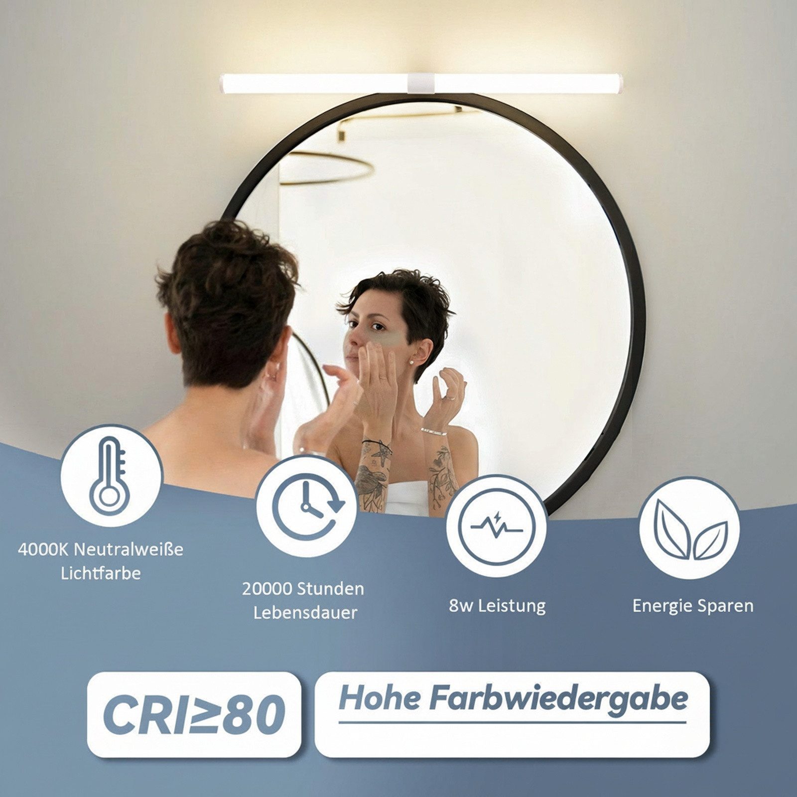 Nettlife LED Spiegelleuchte Klemmbar 40/60 cm Weiß/Schwarz Moderne Wandlampe 6W 4000K, Augenschutz, Neutralweiß, lampe für schrank Keller Küche – Bild 4 von 5