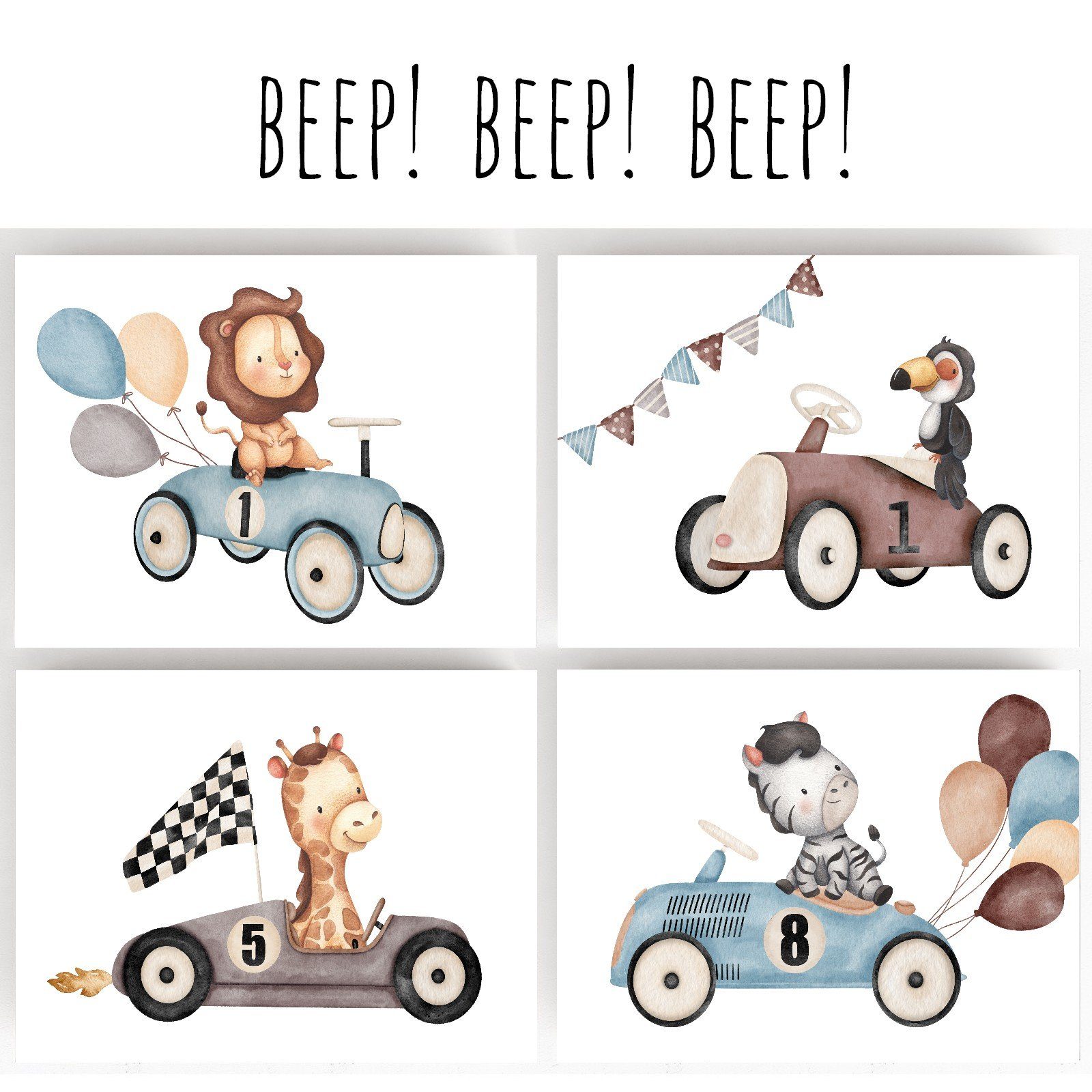 homestyle-accessoires Плакат Изображенияset Kinderbilder AUTO RENNAUTO 4er SET DIN A4/A3 Prints Изображения, - Ohne Изображенияrahmen - sorgfältige & sichere Verpackung