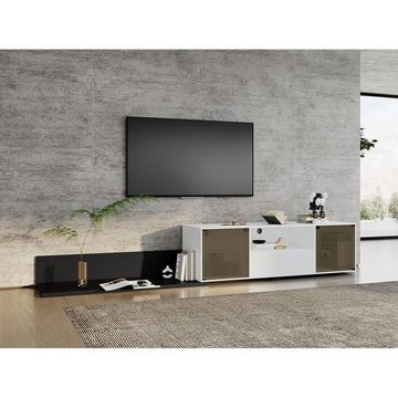 WISHDOR TV-Schrank TV-Ständer mit L ED-Beleuchtung (für einen 60-Zoll-Fernseher, marmorgeäderter Tischplatte und elegantem Glasdesign) Mit 2 Türen, 1 Schublade und 1 offenem Fach