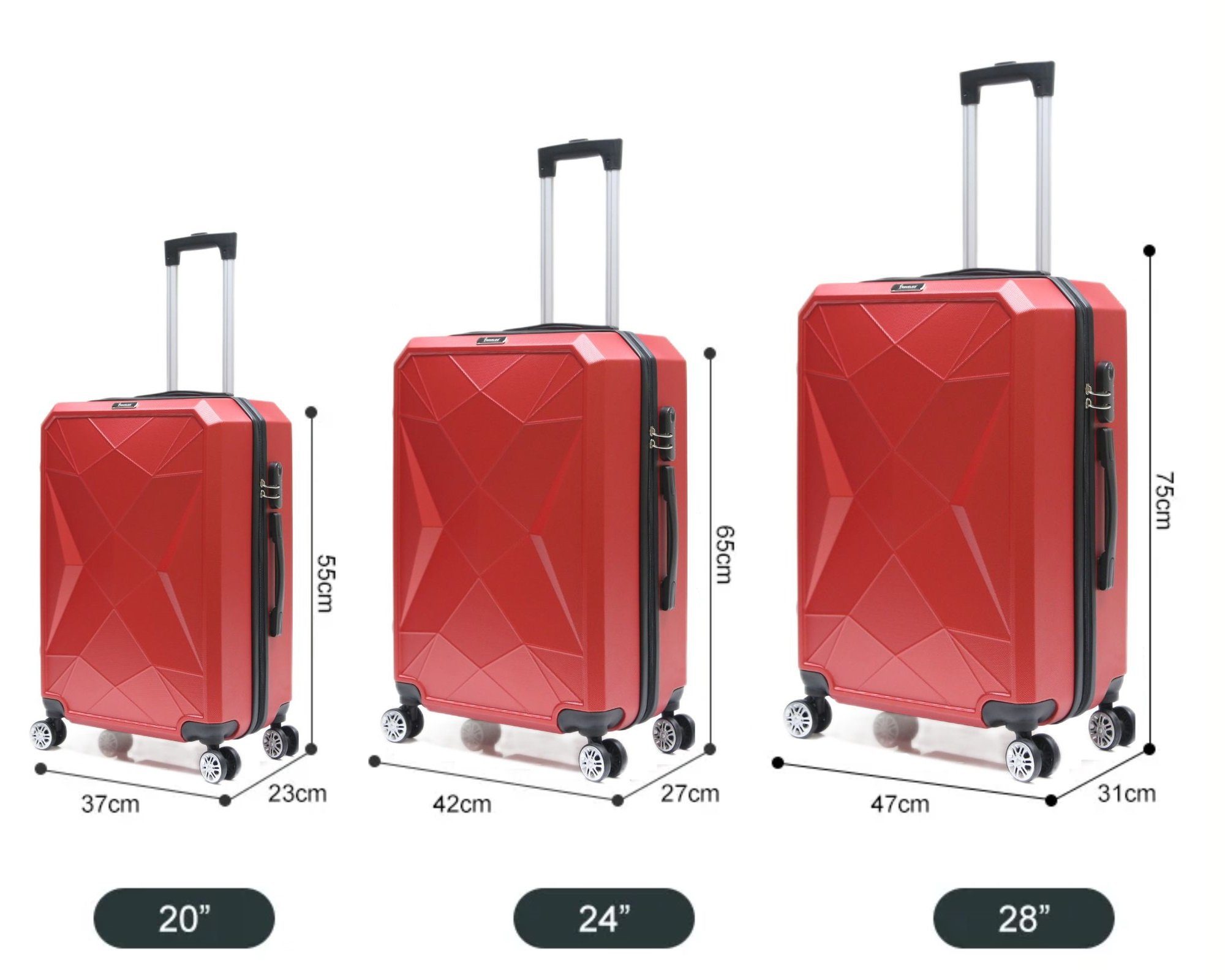 Cheffinger Kofferset Reisekoffer ABS-03 Rot Hartschale Koffer 4 Kofferset, Trolley Rollen, Set (3 tlg) 3-teilig