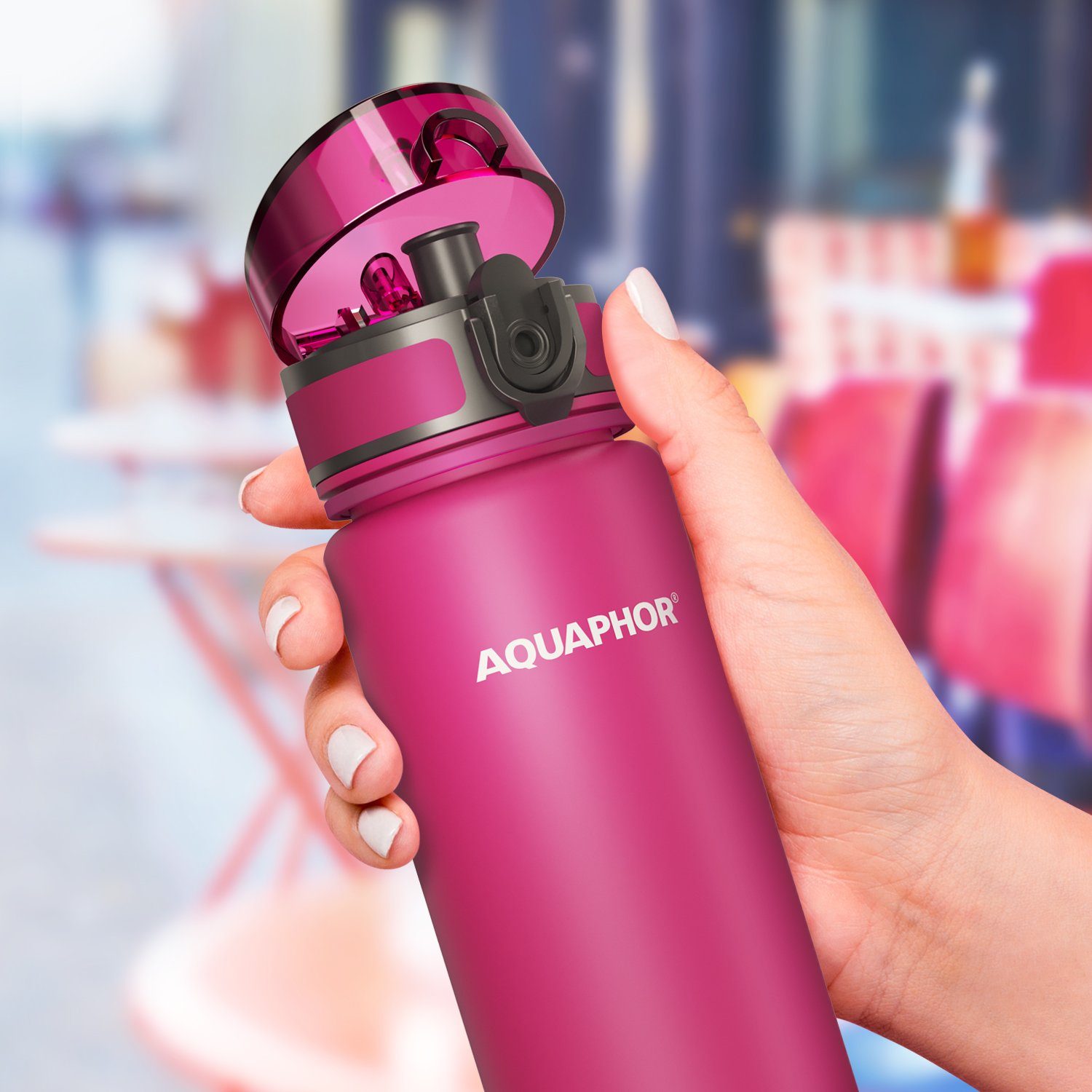 AQUAPHOR Trinkflasche CITY Flasche mit Wasserfilter für unterwegs, 500ml. I, 500ml. I Filter mit Aktivkohle I Aus Tritan & BPA-frei, Farbe: pink