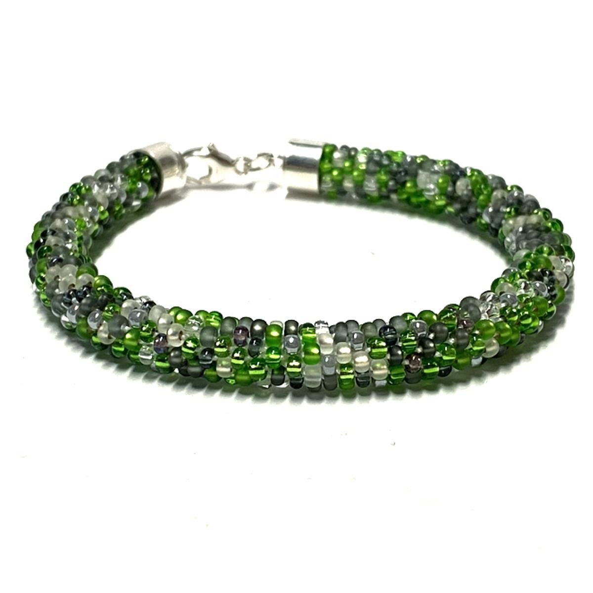 Edelschmiede925 Armband buntes Armband gehäkelt mit Glasperlen 925 Silber 20,5cm Handarbeit