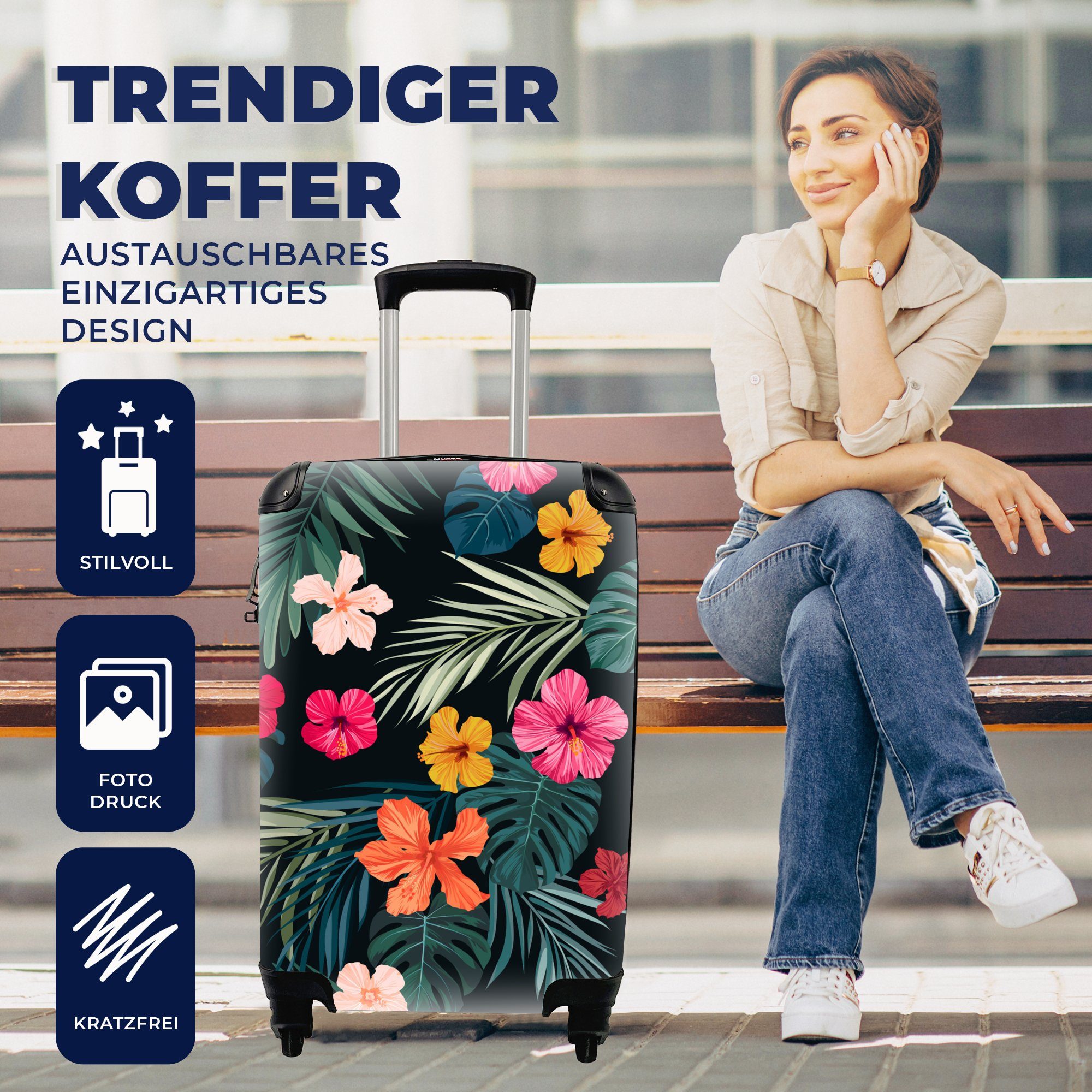 Trolley, Mädchen Blätter Dschungel - MuchoWow Reisekoffer Blumen Rollen, Handgepäckkoffer 4 - rollen, für Kind, Ferien, Handgepäck Reisetasche - - mit