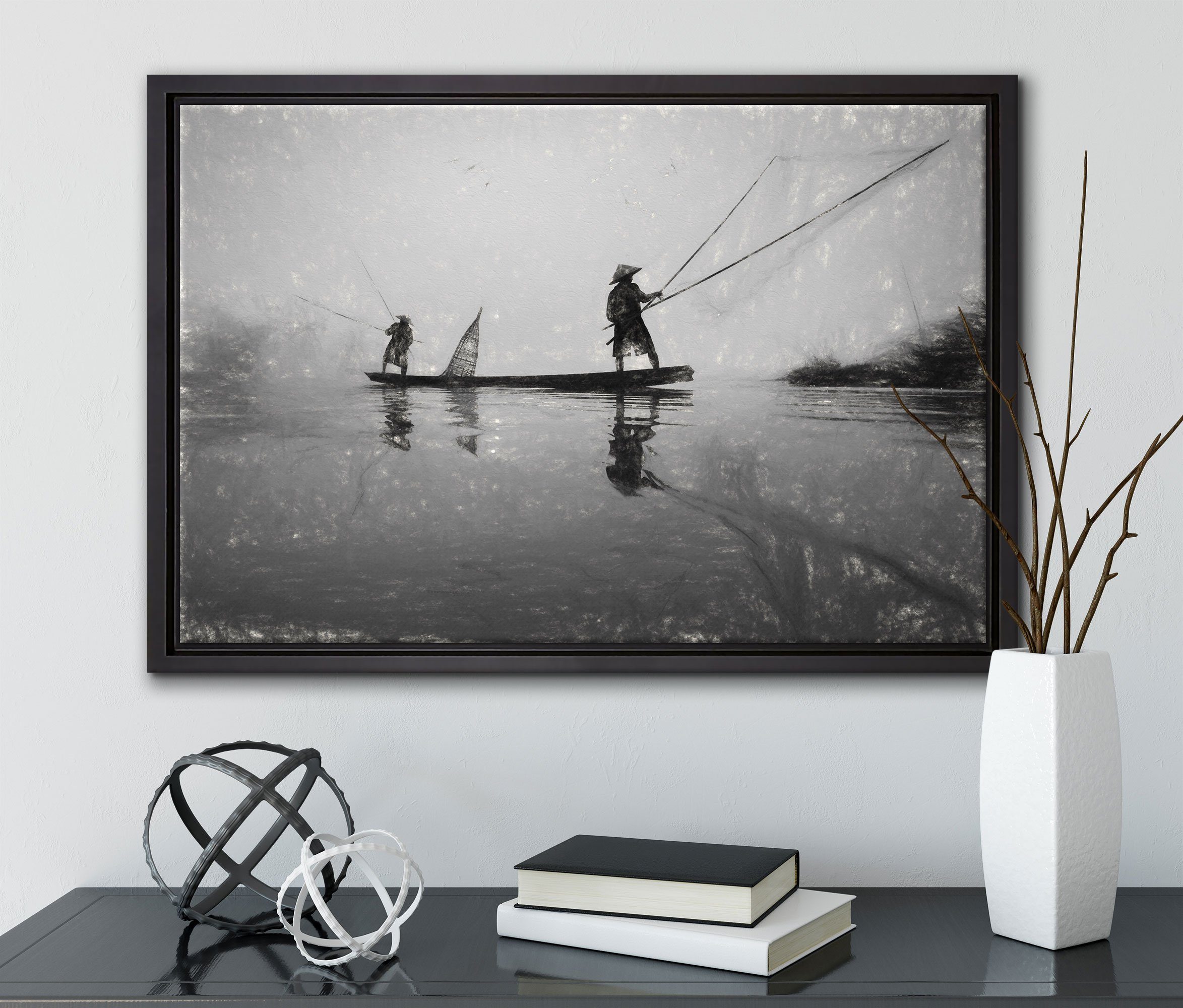 St), Wanddekoration Pixxprint Zackenaufhänger einem Fischer fertig in Thailand, inkl. beim gefasst, in (1 Leinwandbild Angeln Schattenfugen-Bilderrahmen bespannt, Leinwandbild