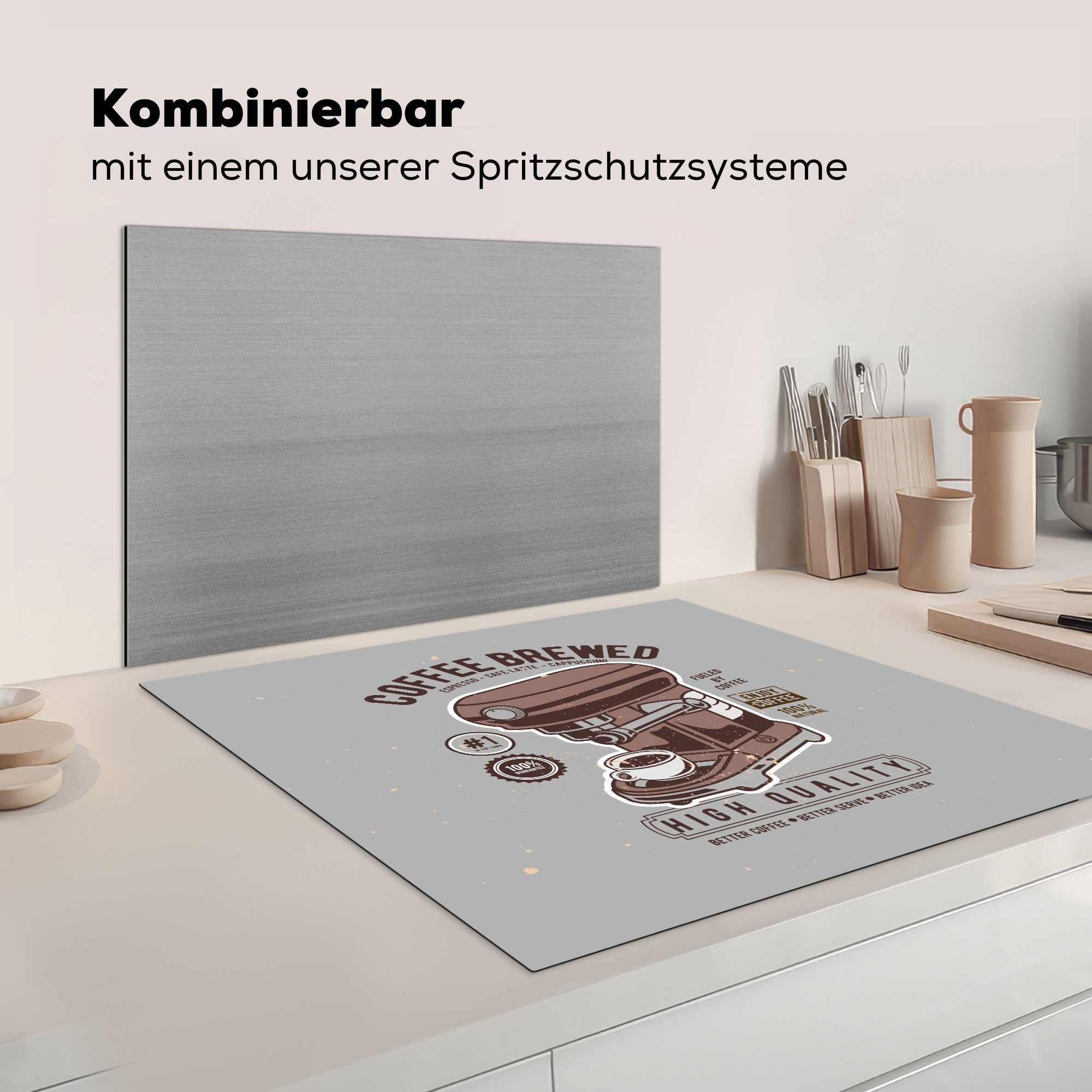 - Arbeitsplatte (1 cm, Ceranfeldabdeckung, 78x78 tlg), für - Tasse MuchoWow küche Kaffeemaschine Retro - Zeichnung, Vinyl, Herdblende-/Abdeckplatte