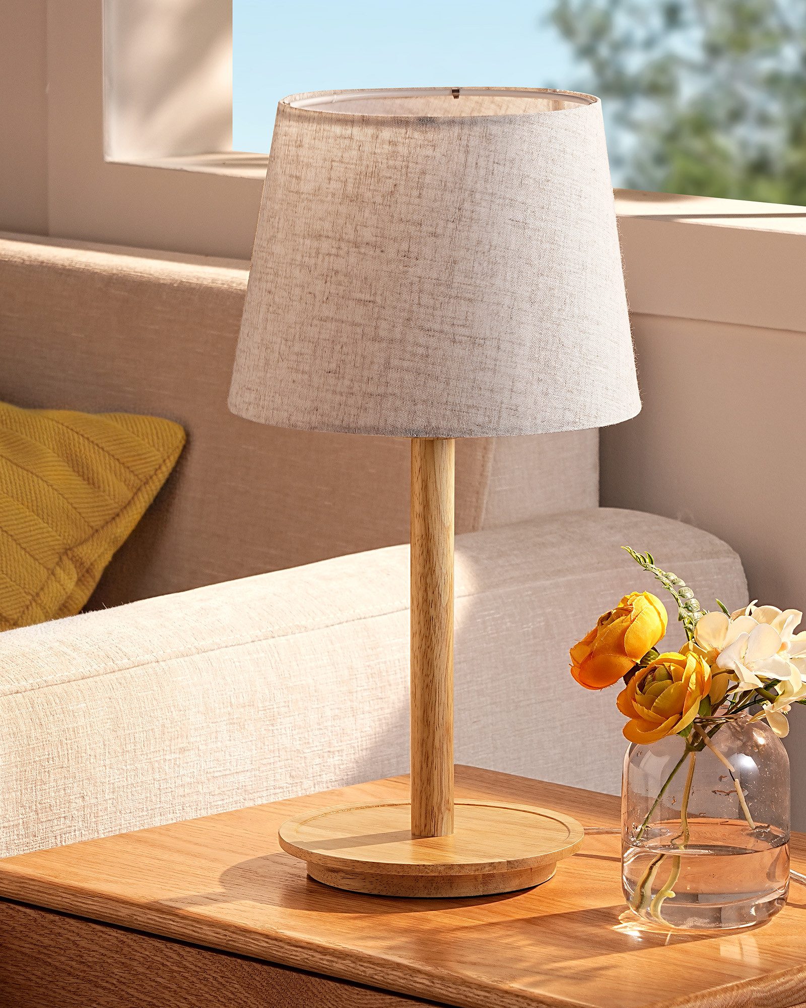 EDISHINE Nachttischlampe Landhaus Stoffschirm mit Vintage-Blumenmuster, LED wechselbar, 2700K Warmweiß, Tischlampe mit Massivholzsockel, 2700K Warmweiß, inkl. 4W LED