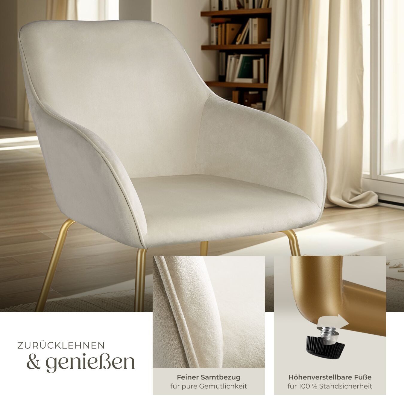tectake Esszimmerstuhl Polsterseesel in Samtoptik, Belastbarkeit 120 kg, 57 x 61 x 85,5 cm (Küchenstuhl Jeane in Samtoptik creme/gold, 6 St), höhenverstellbare  – Bild 4 von 5