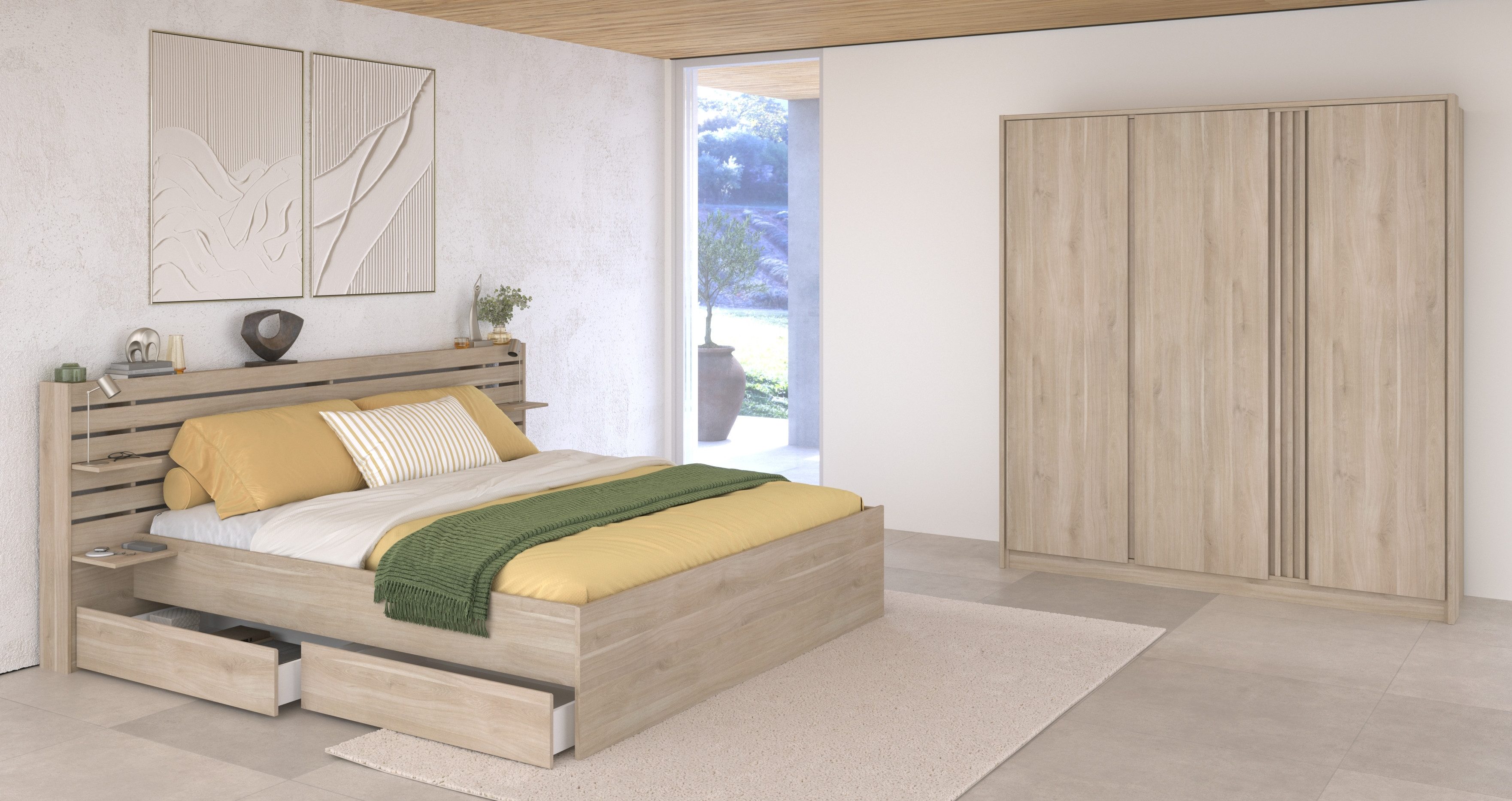 Faizee Möbel Schlafzimmer-Set Schlafzimmer Set Escale 23 von Parisot - Japanische Eiche Nachbildung