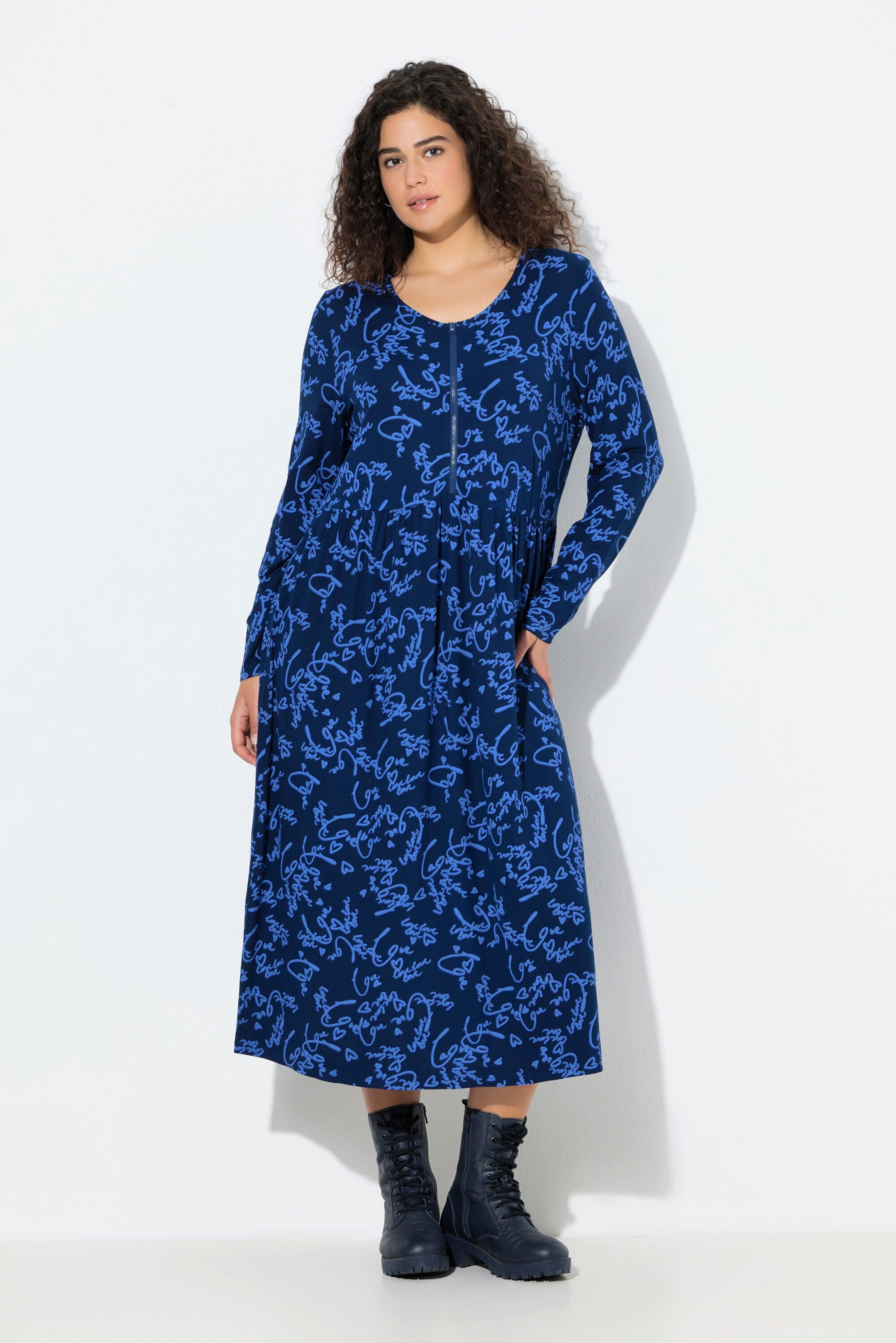 Ulla Popken Jerseykleid Midikleid Schriftdruck A-Linie Rundhals Langarm günstig online kaufen