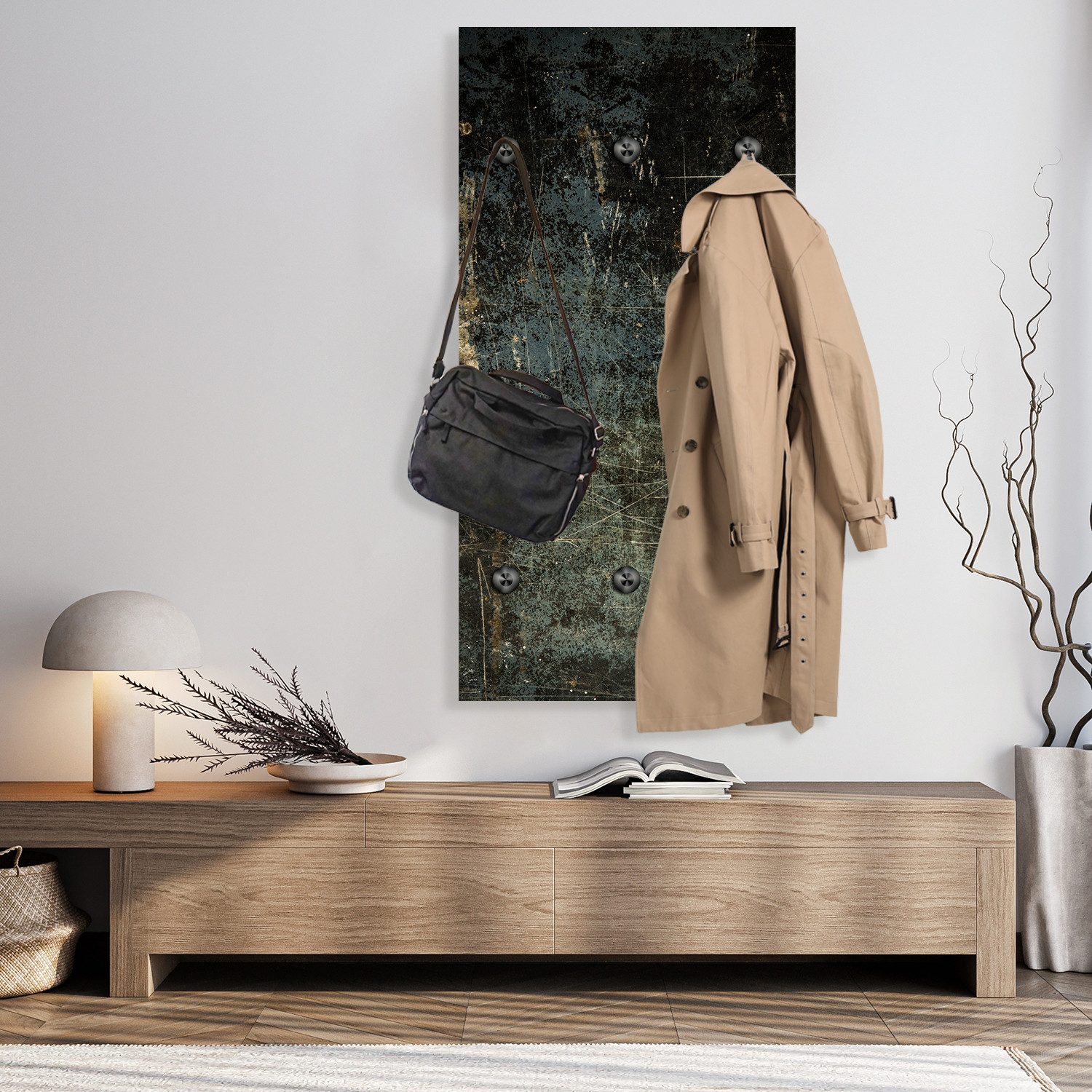 queence Wandgarderobe Beton Optik Abstrakt (1 St), Wandpaneel aus Acrylglas inkl. 6 Edelstahlhaken in schwarz matt