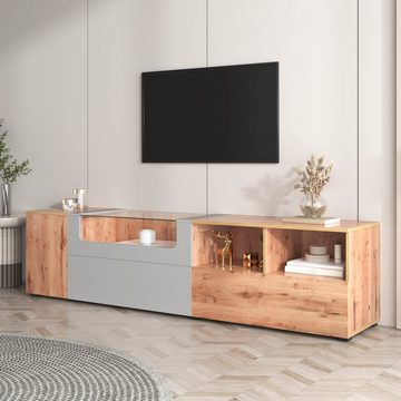 WISHDOR Lowboard TV- Schrank (Breite:190cm), Mit farbwechselnden LED-Leuchten und Glasplatte mit Fächern und Türen.