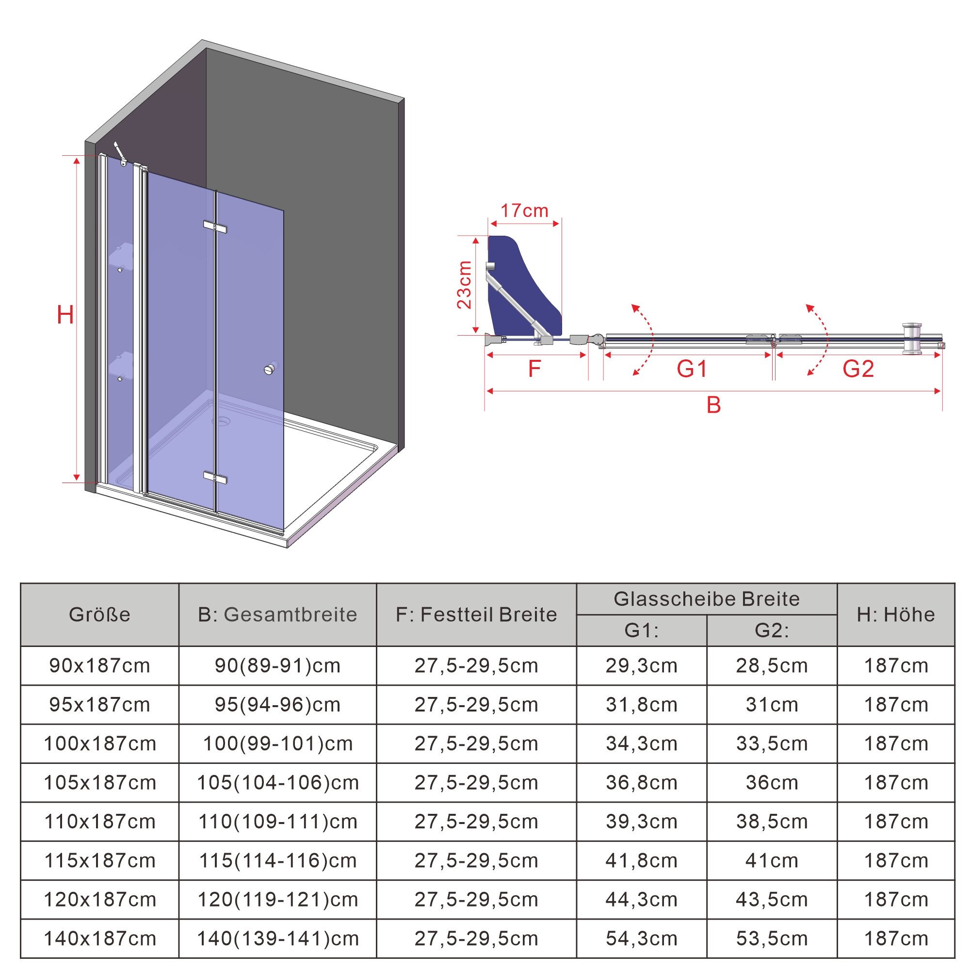 AQUABATOS Walk-in-Dusche Walk in Duschglas Duschabtrennung faltbare Duschwand, Falttür Drehfalttür aus 5 mm Sicherheitsglas Klarglas, mit Festteil und Duschabla – Bild 4 von 5