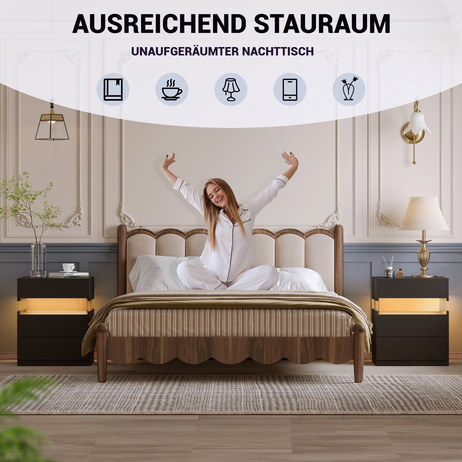 BlingBin Nachttisch LED Nachttisch mit 3 Schubladen Moderner Schlafzimmer-B günstig online kaufen